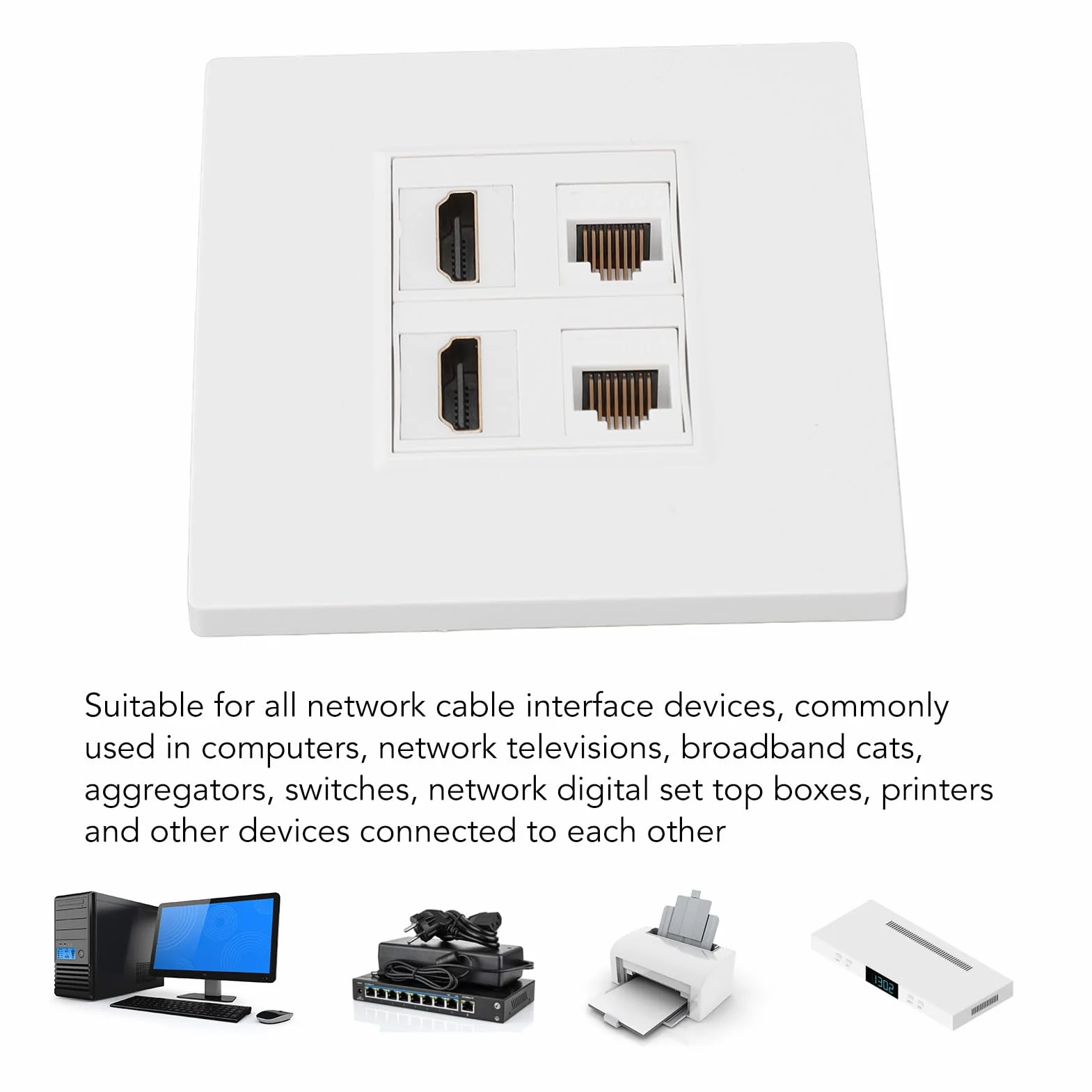 Płyta ścienna HDMI CAT6 Ethernet, 4-portowy Multimedialny Panel Informacyjny, 2 Złącza HDMI 2 CAT6, do Komputerów, Telewizorów, Dysków Twardych, Projektorów, Pasuje do