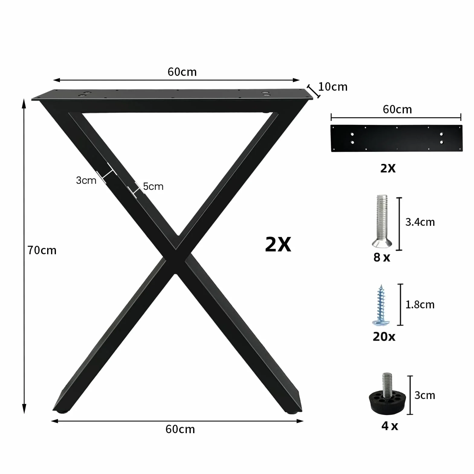 Jahof Nogi stołu, metalowe, czarne, 70 cm wysokości, płozy stołu regulowane Heavy Duty, stelaż stołu w kształcie litery X do stołu jadalnego, biurka, 2 sztuki (wys. 70 cm x szer. 60 cm)