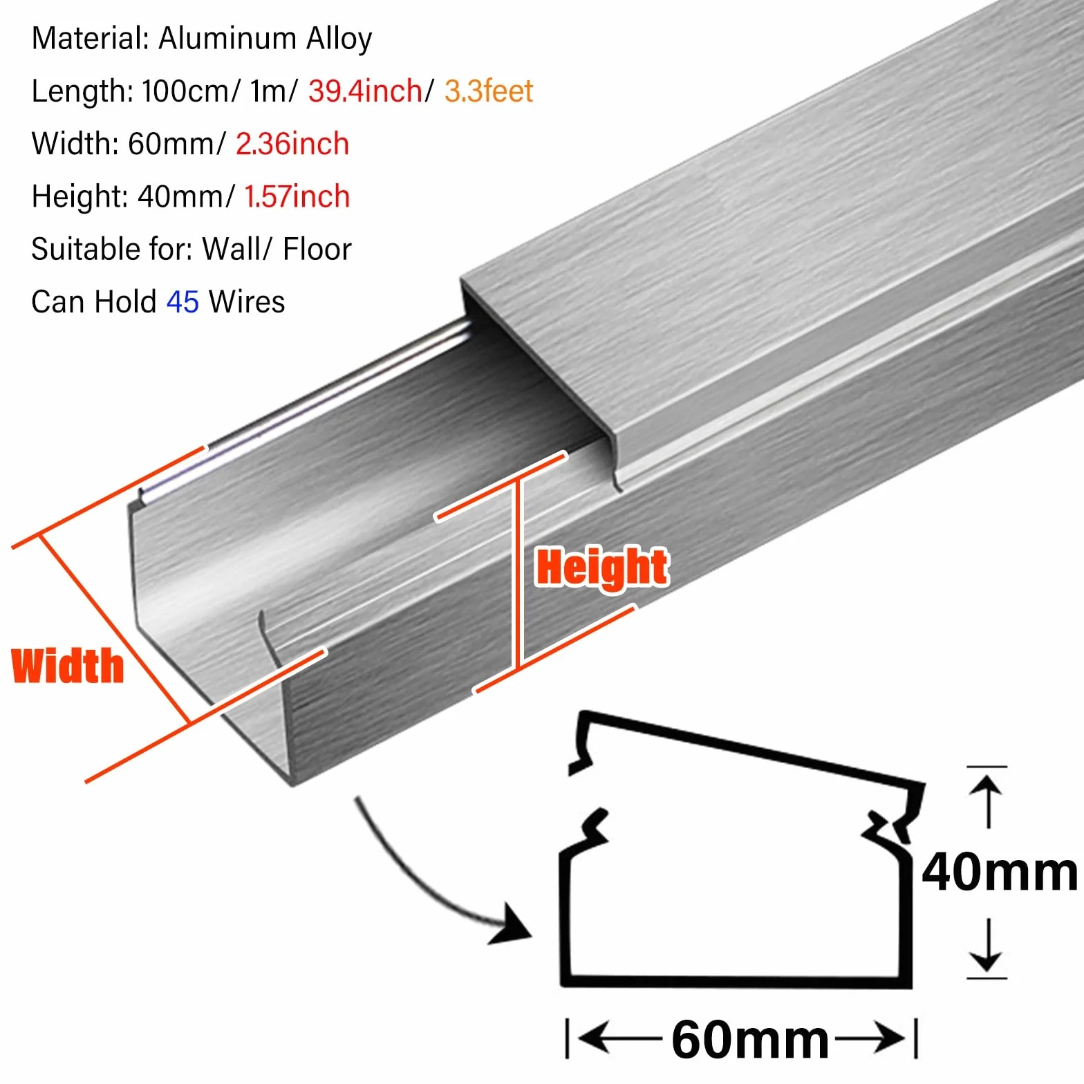 Metalowe kanały kablowe, Samoprzylepna listwa podłogowa do zarządzania kablami, srebrna, mieści 6–100 przewodów(Holds 45 Wires)