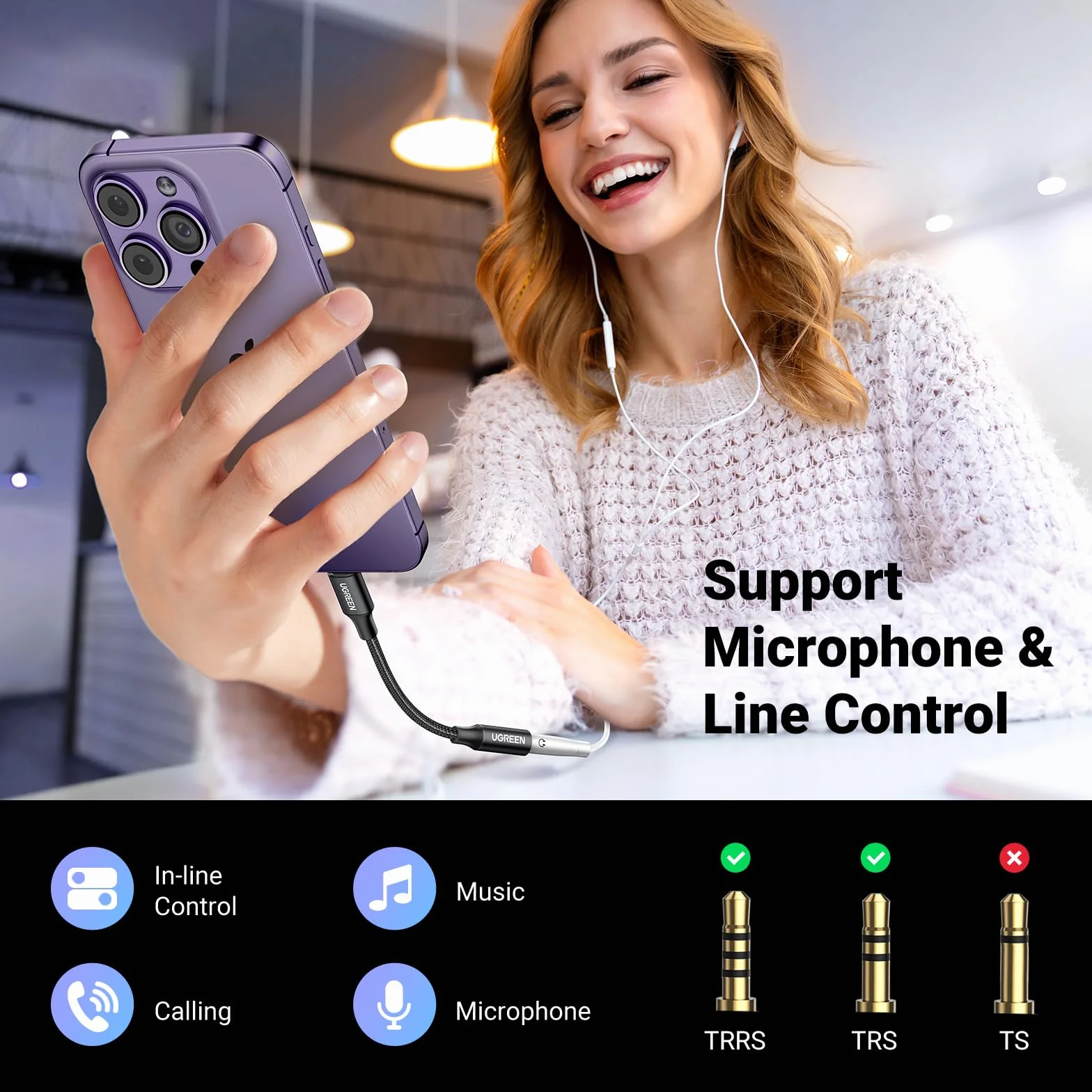 UGREEN Aux Audio Adapter Lightning do 3,5 mm Certyfikat MFI Adapter Jack kompatybilny z iPhone 13/13 Pro/ 13 Pro Max/ 13 Mini/ 12 (Czarny)