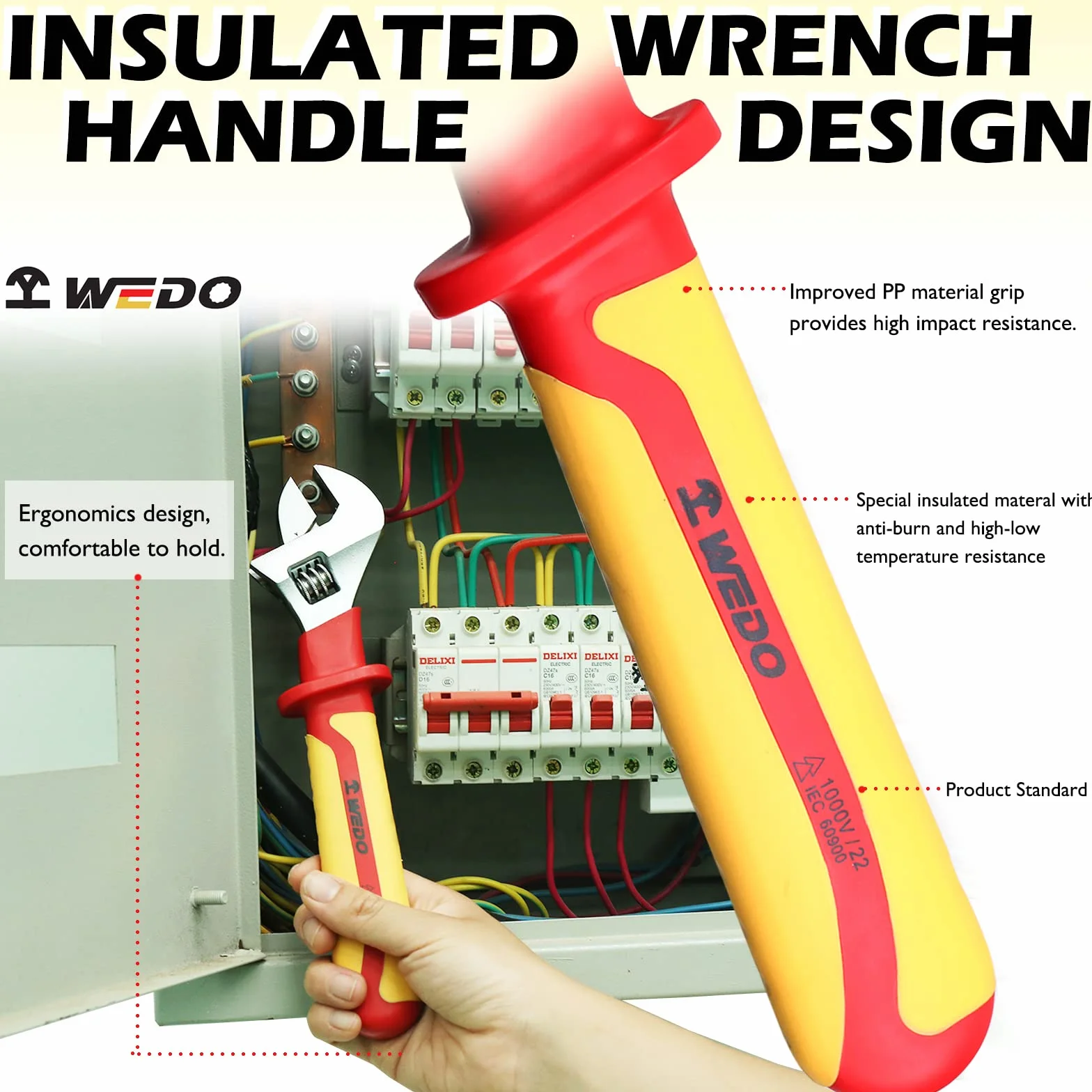 WEDO 4-częściowy izolowany zestaw kluczy nastawnych (15 cm, 20 cm, 25 cm, 30 cm), VDE 1000 V regulowany klucz wtryskowy, klucz bezpieczeństwa dla elektryków, stal chromowo-wanadowa, antypoślizgowe