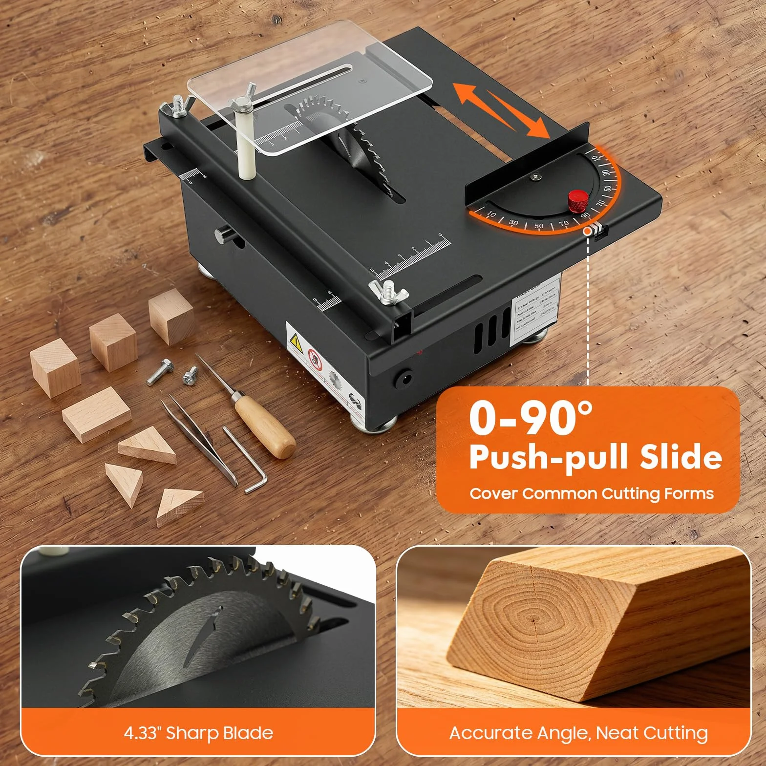 Mini piła stołowa 200 W, piła tarczowa 10 000 obr./min, z 7-biegowym zasilaczem, regulacja kąta 0-90° i brzeszczot 110 mm, do precyzyjnego cięcia w drewnie, akrylu, tworzywie sztucznym, modelarstwie