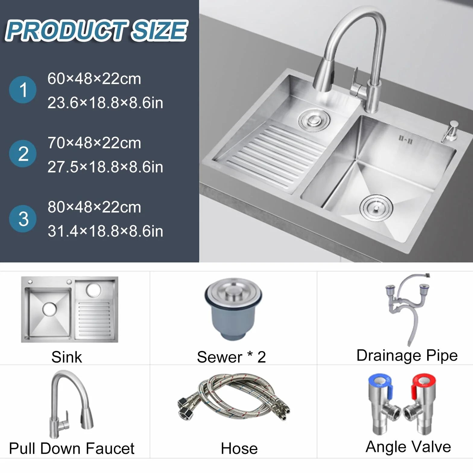 Bathroom Double Bowl Laundry Sink,Household Stainless Steel Laundry Sink,Wash Basin With Washboard,Pull-out Faucet,Easy To Clean (Color : Right, S : 80x48x22cm)