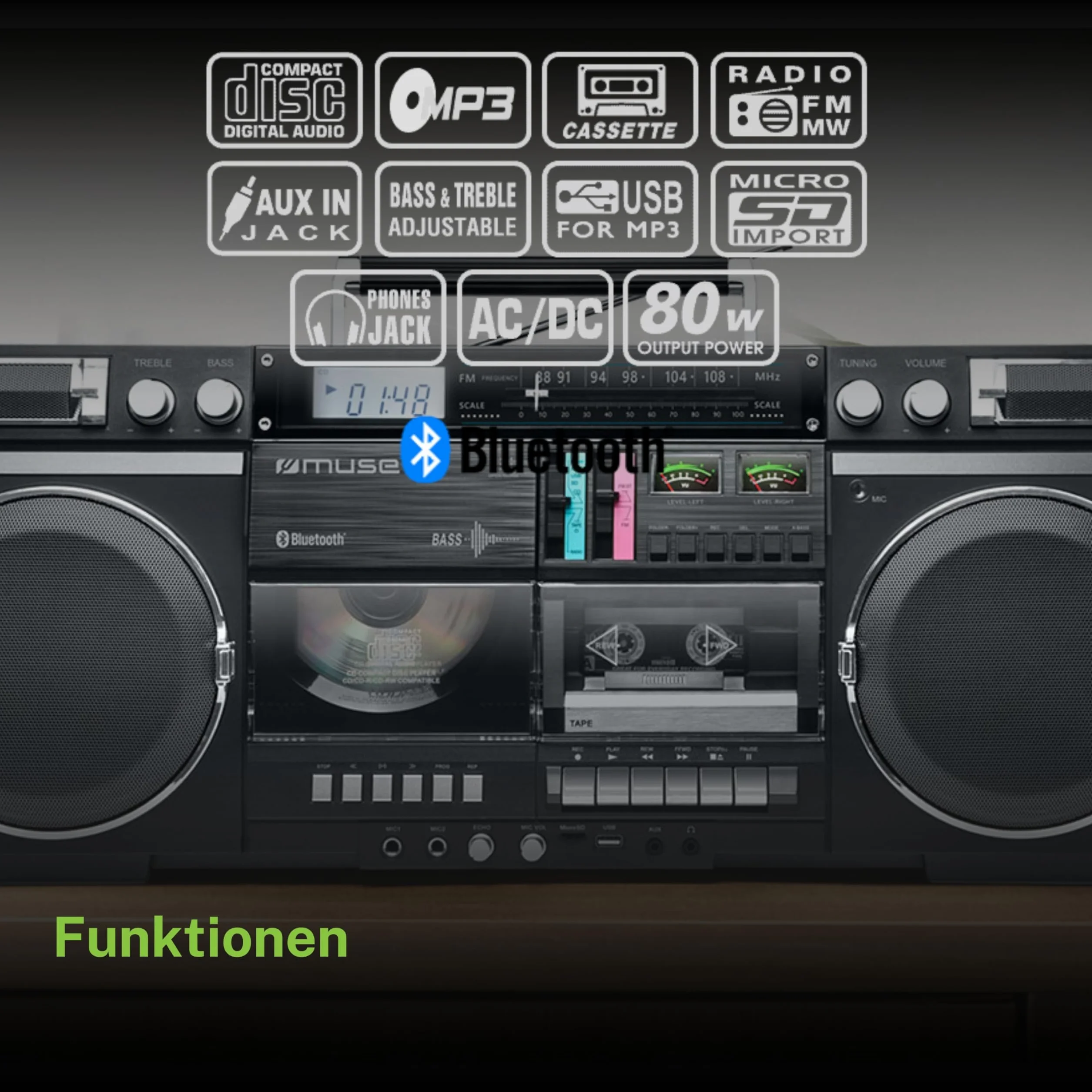 MUSE Boombox Bluetooth Retro z radiem CD magnetofonem 80 W USB Aux micro SD