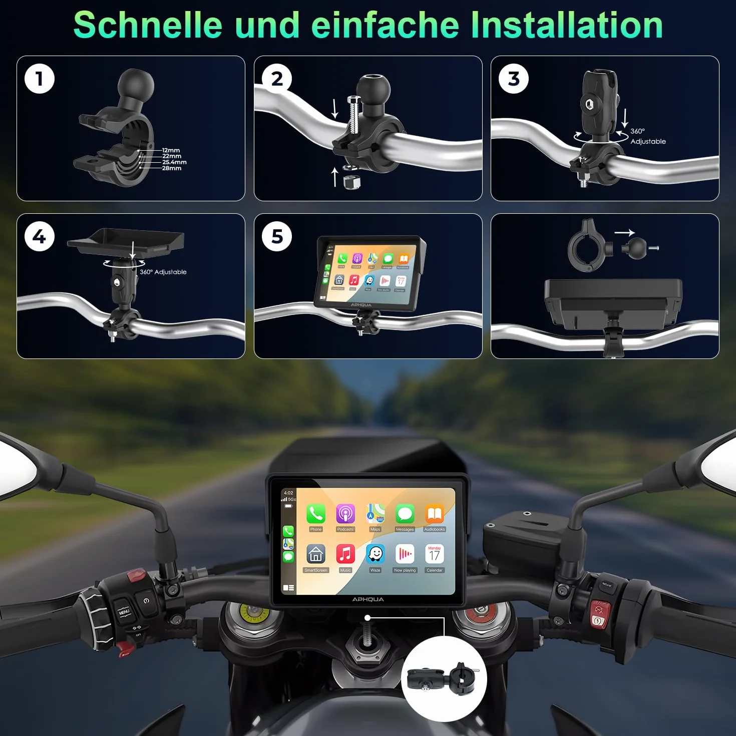 Bezprzewodowy wyświetlacz Carplay do motocykla 5" wodoszczelny ekran dotykowy CarPlay Android Auto Bluetooth GPS Siri