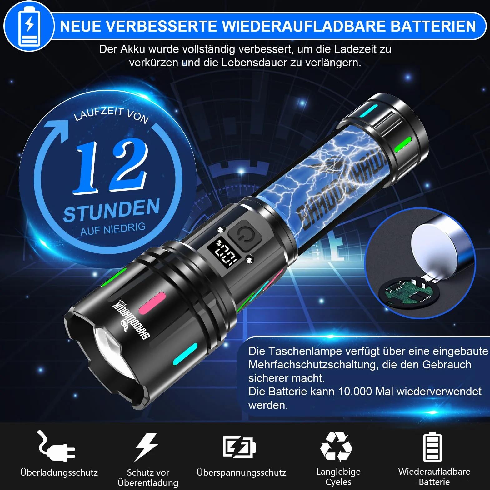 Shadowhawk Latarka LED, do wielokrotnego ładowania, 500000 lm, bardzo jasna latarka LED (XHM90.2), mocna latarka taktyczna USB, zasilana bateriami, wodoszczelna, do użytku w sytuacjach awaryjnych