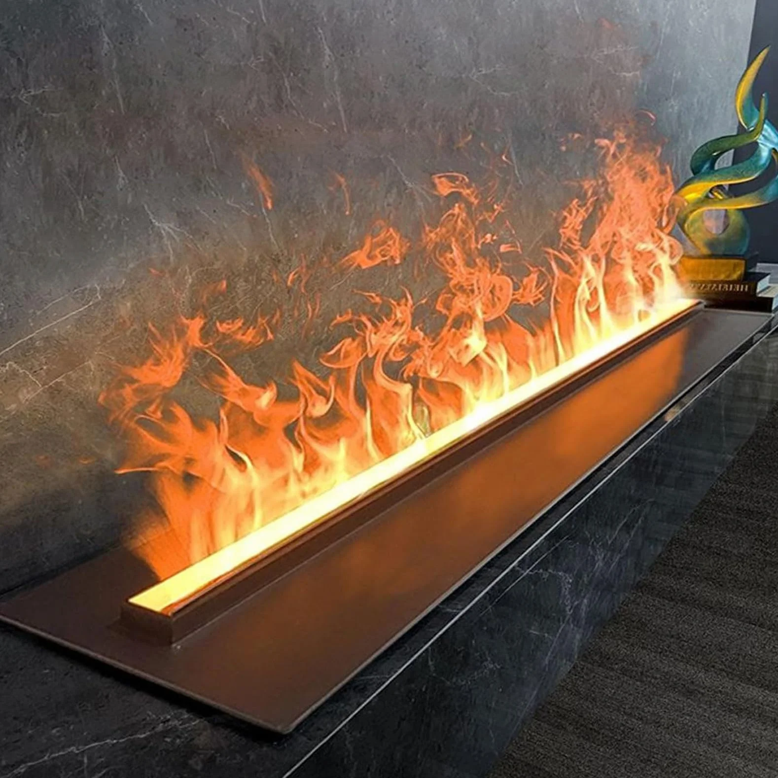 Kominek na parę wodną 3D, kominek atomizowany z 7 regulowanymi kolorami płomienia i 5 poziomami jasności, szczotkowana stal nierdzewna, sterowanie dotykowe/zdalne, 100 cm/39,3 cala