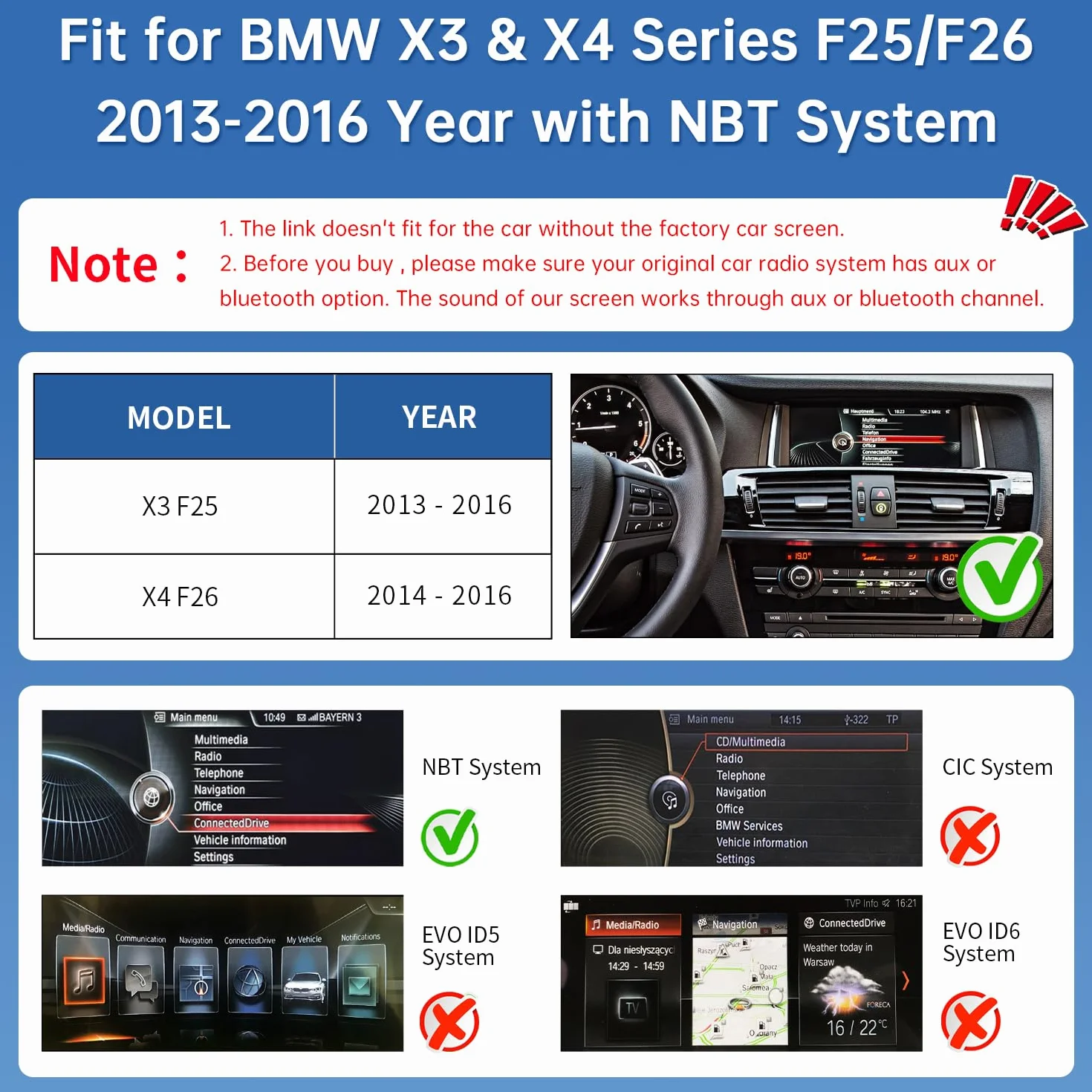 Road Top Ekran CarPlay 12,3-calowe radio samochodowe dla BMW X3 X4 F25/F26 NBT 2013-2016