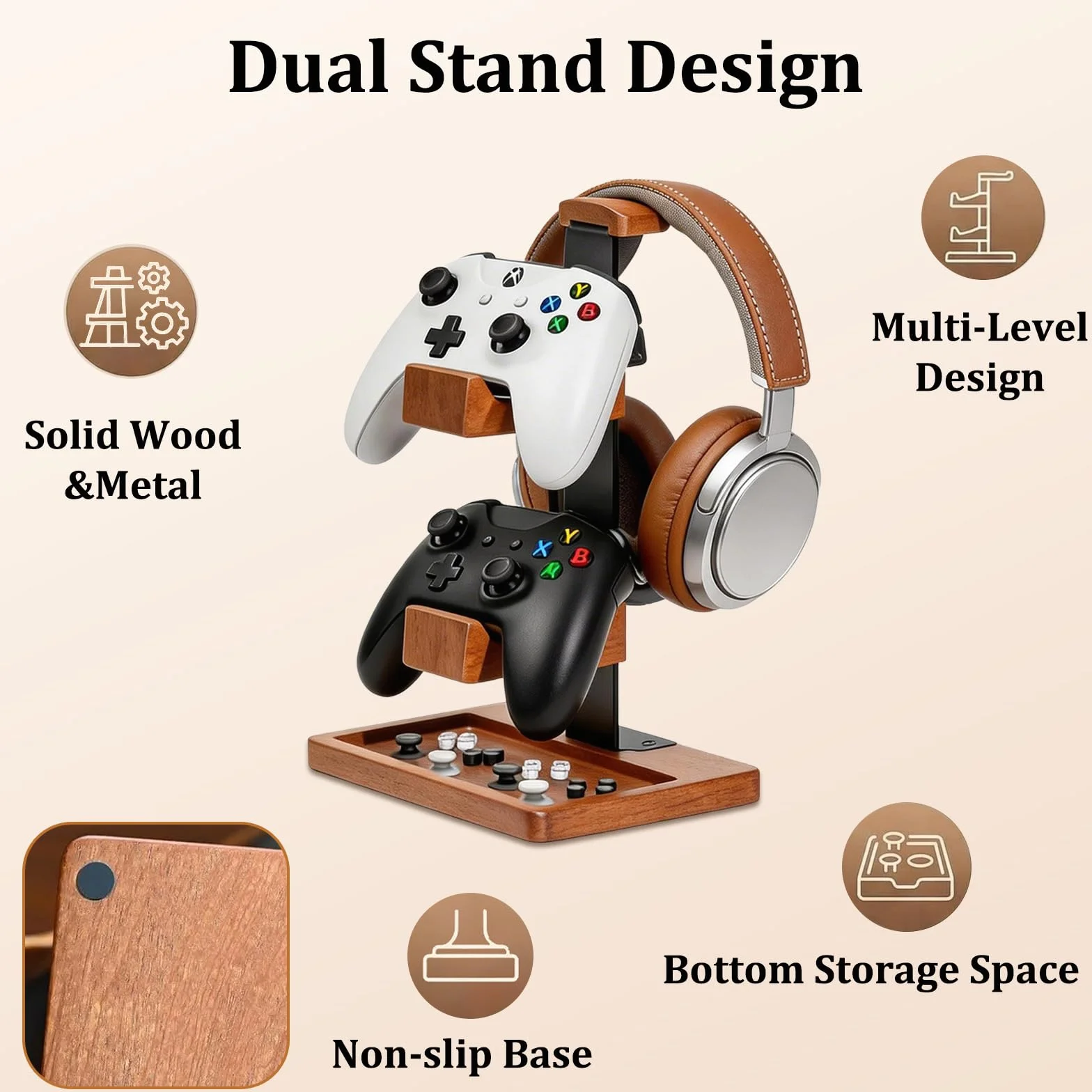 Acidea Uchwyt na kontroler z litego drewna stojak na słuchawki podwójny organizer do gier Xbox PS4 PS5