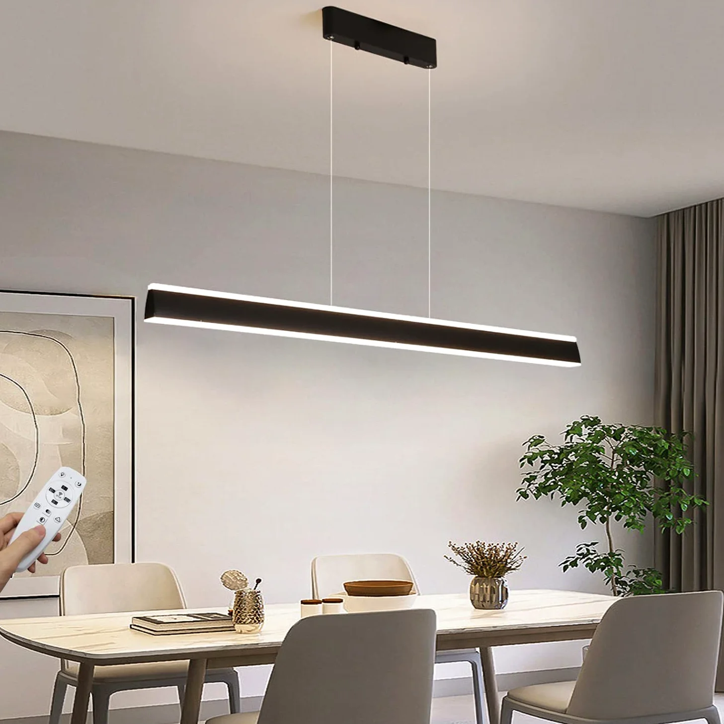 LED Lampa Wisząca do jadalni Nowoczesna ściemnialna długa lampa Wisząca z pilotem Żyrandol z Regulacją Wysokości Akrylowy klosz do Jadalni Biurowe Oświetlenie Kuchenne (czarny, 100cm)