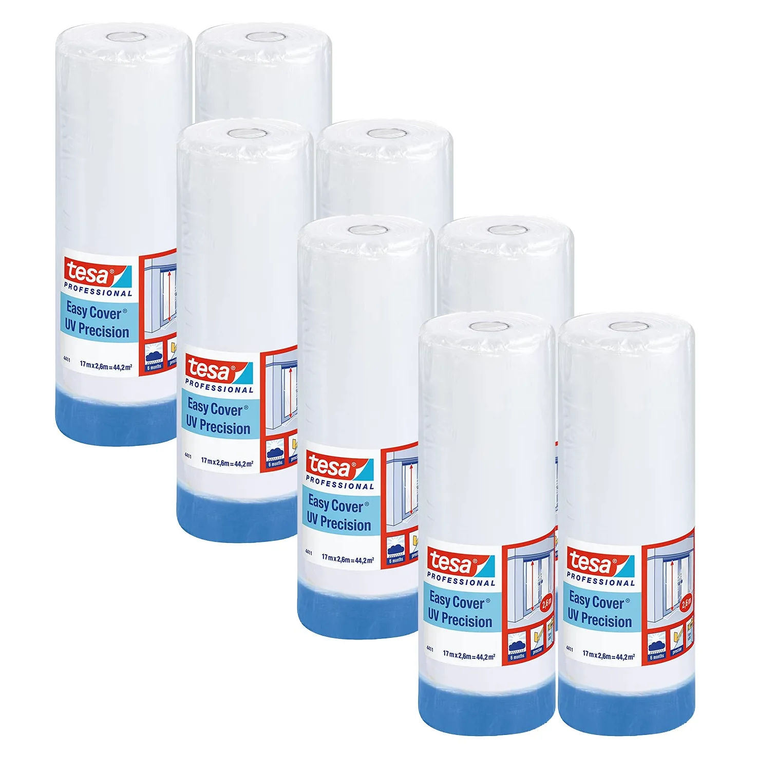 tesa Easy Cover 4411 UV precyzyjna - opakowanie 8 szt. - folia malarska z taśmą malarską do oklejania i przykrywania - taśma malarska 2 w 1 z folią - biało-przezroczysta - po 17 m x 2,6 m