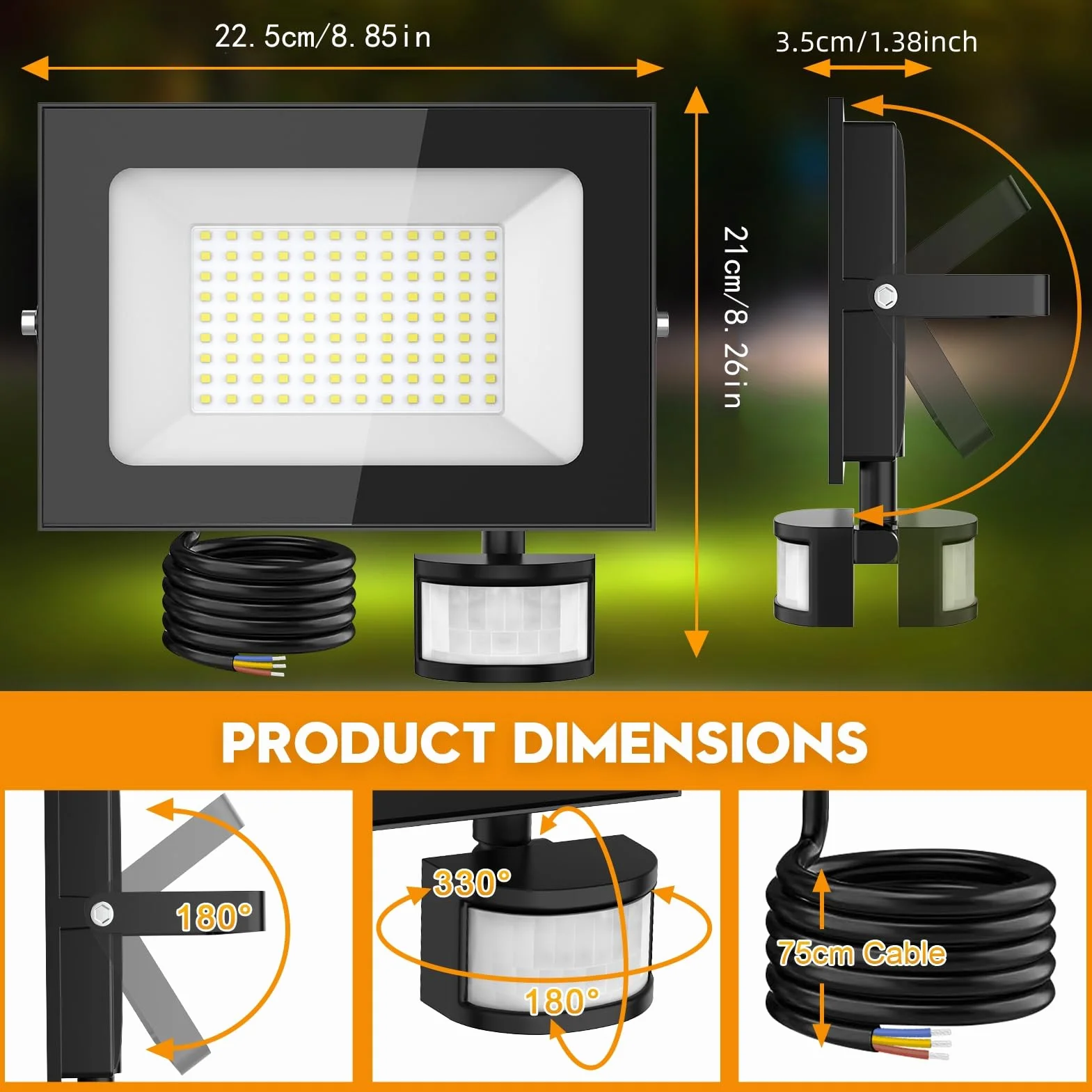 Sararoom Zewnętrzny reflektor LED z czujnikiem ruchu 1000 W, super jasne zewnętrzne oświetlenie LED 10000 lm, światło dzienne 6500 K, wodoszczelność IP65 do garażu, podwórza, trawnika, ogrodu