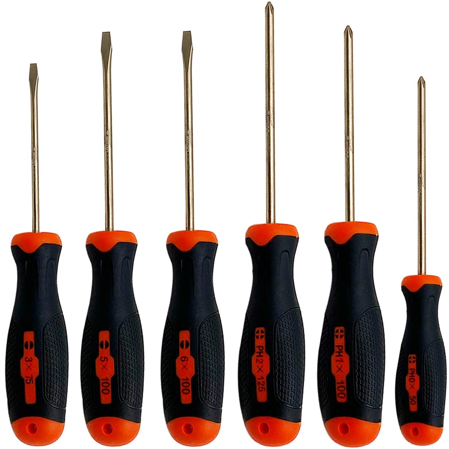 WEDO 6-częściowy zestaw wkrętaków nieiskrzących, głowica płaska (3 x 75 mm, 5 x 100 mm, 6 x 100 mm), głowica krzyżakowa (PH 0 x 50 mm, PH1 x 100 mm, PH2 x 125 mm), aluminiowy brąz, uchwyt z włókna
