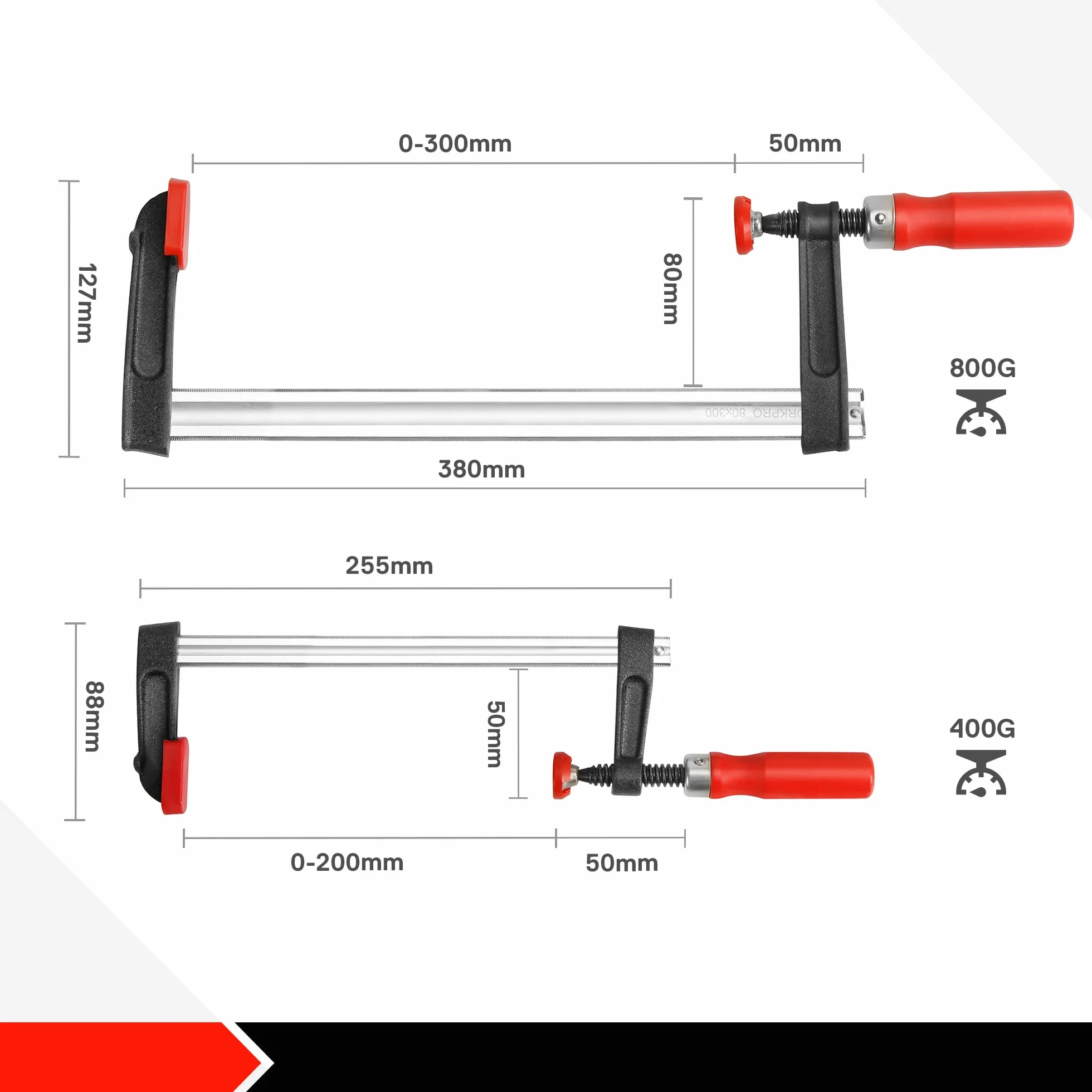 WORKPRO Zaciski śrubowe, 2 sztuki, rozpiętość 200 mm/300 mm, siła zacisku 272 kg, głębokość szczęk 50 mm/80 mm z wysokiej jakości stali i nylonu do precyzyjnego mocowania
