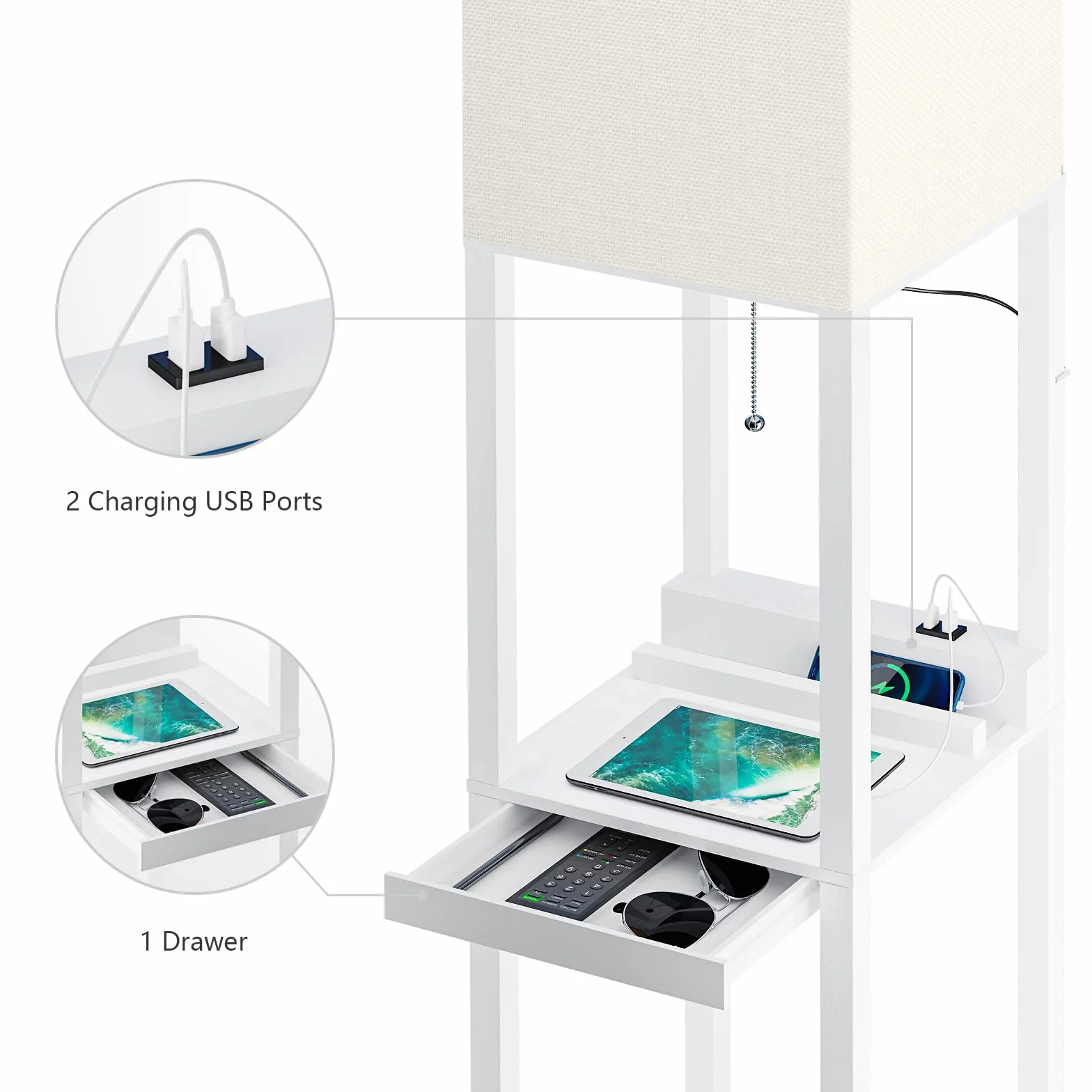 SUNMORY Lampa Podłogowa Z Półką Z Litego Drewna, 3 Temperatury Barwowe, 2 Porty USB Do Ładowania I 1 Szuflada, Biała (Z Żarówką)