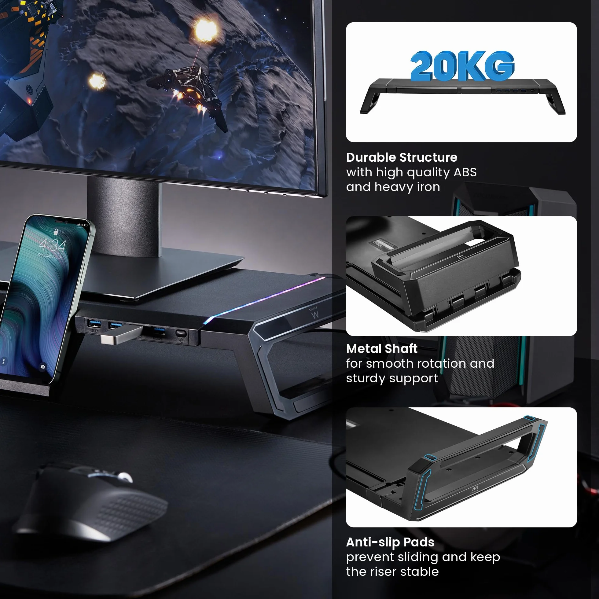 Ewent Stojak na monitor RGB regulowany z szufladą USB 3.2 Gen 1 czarny