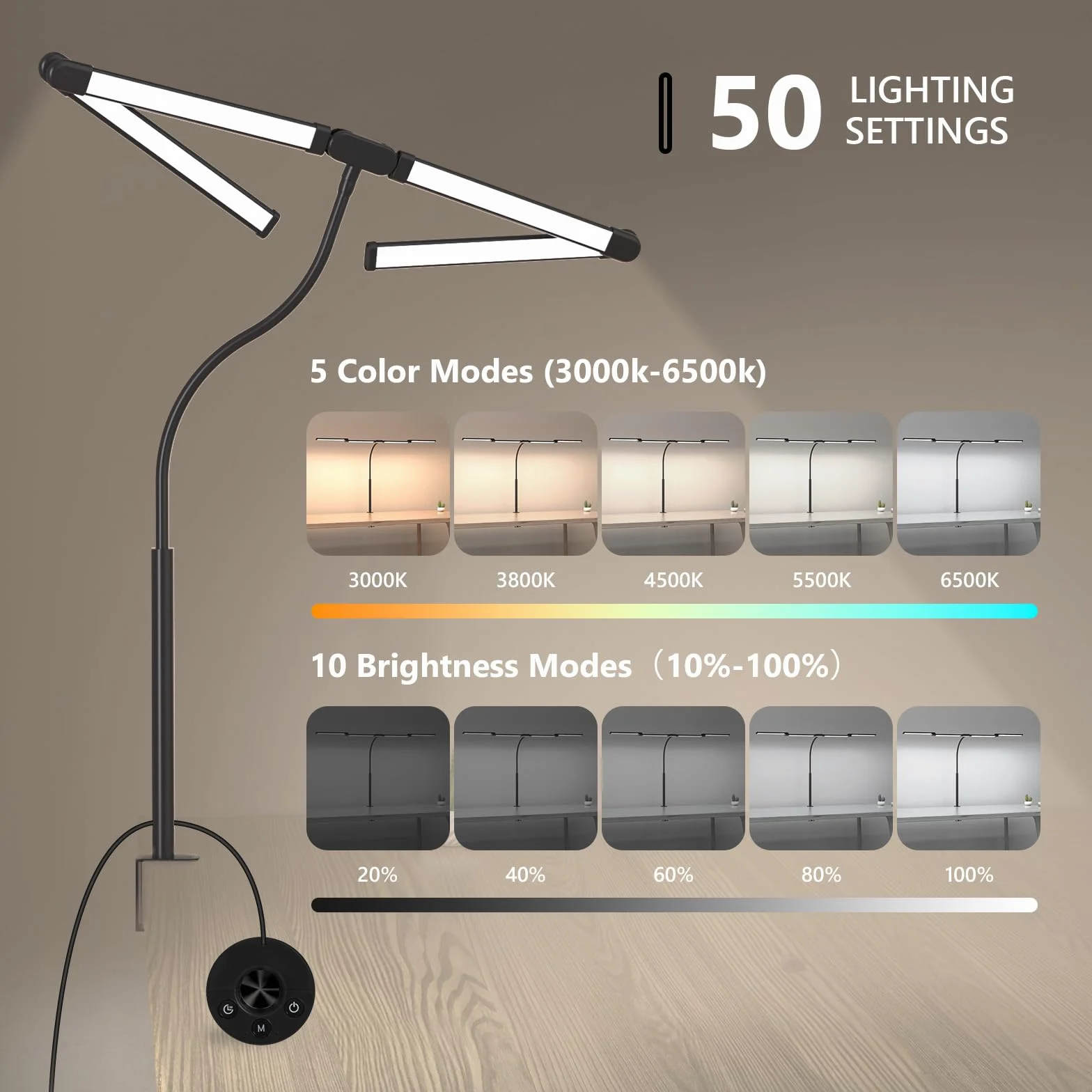 Comely Lampa biurkowa LED z możliwością ściemniania 24 W, 120 cm, 2750 lm, 4 biurka LED z 5 temperaturami światła, lampa biurkowa z 10 ustawieniami jasności, lampa biurkowa z zaciskiem, czarna