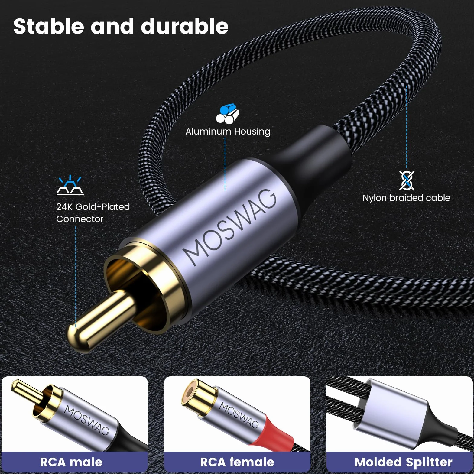 MOSWAG Rozdzielacz RCA 1 męski na 2 żeński, kabel Y audio wideo adapter