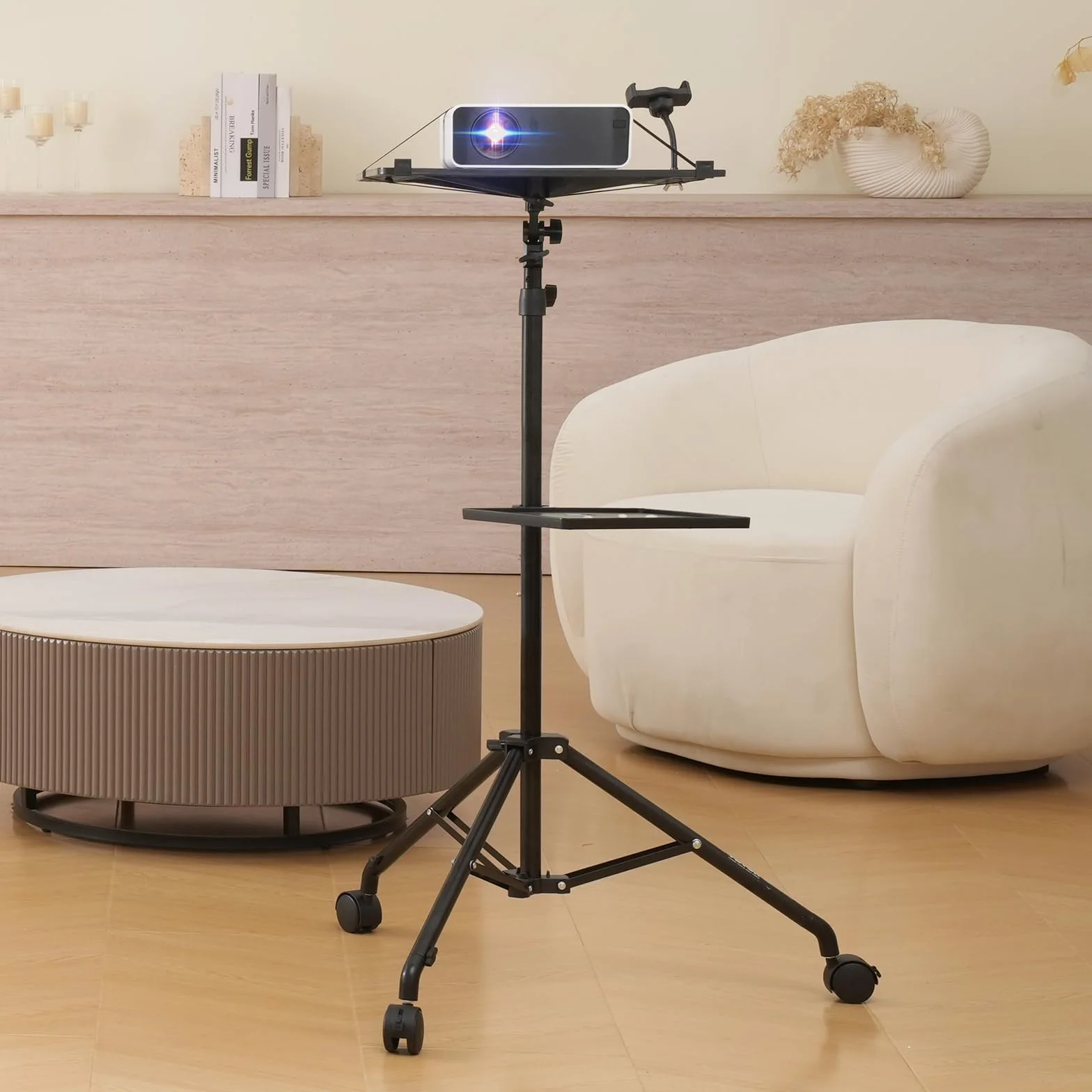 VEVOR Stojak do projektora laptopa z kółkami o regulowanej wysokości 795-1710 mm, stojak do projektora telefonu z 2 tacami na łabędzią szyję, do filmów na świeżym powietrzu, domu, biura lub gabinetu
