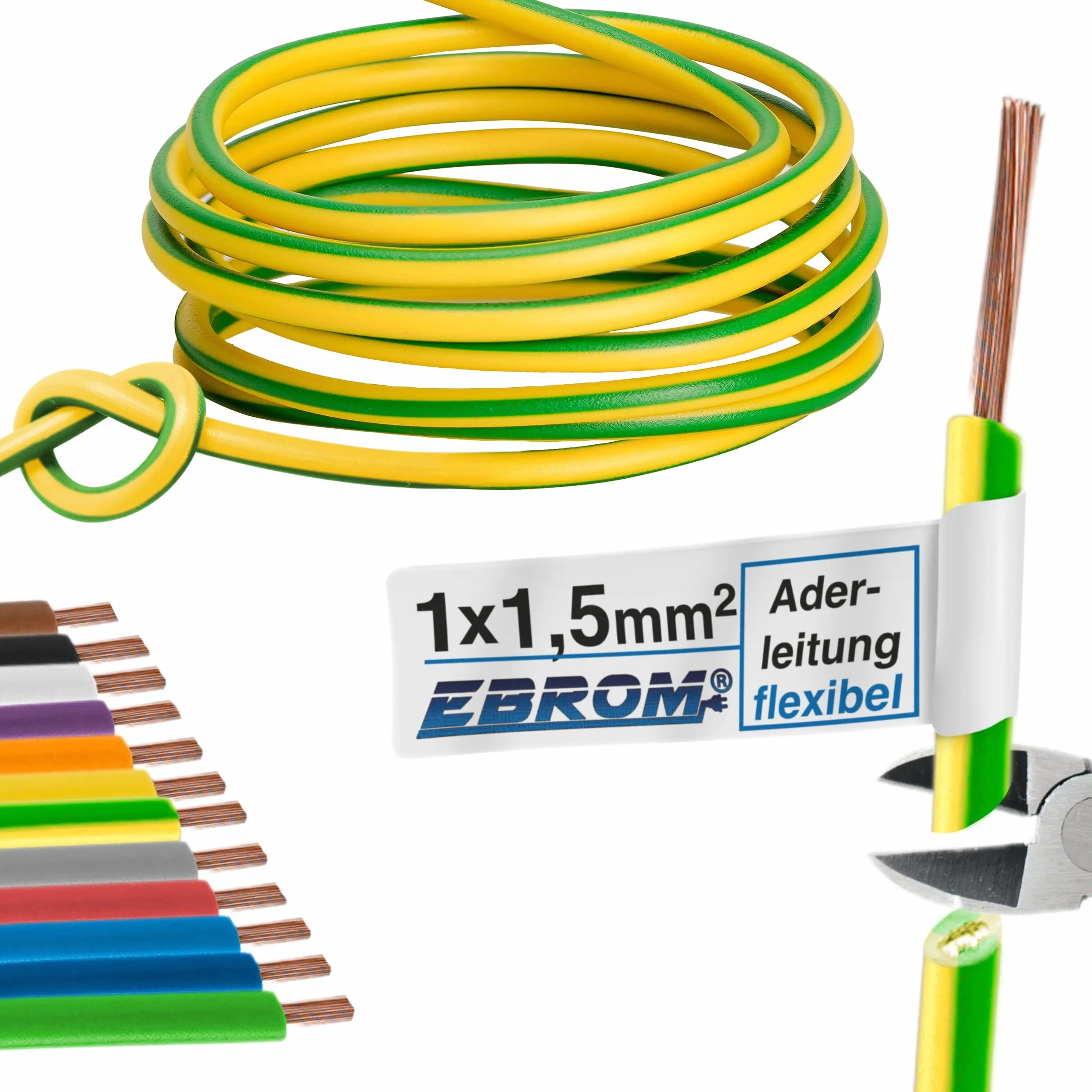 Przewód żyłowy przewód okablowania – pojedyncza żyła elastyczna 1,5 mm² – przewód PCW – H07V-K 1,5 mm² – kolor: zielono-żółty – dostępna w wielu długościach w odstępach co 5 metrów, długość: 90 m