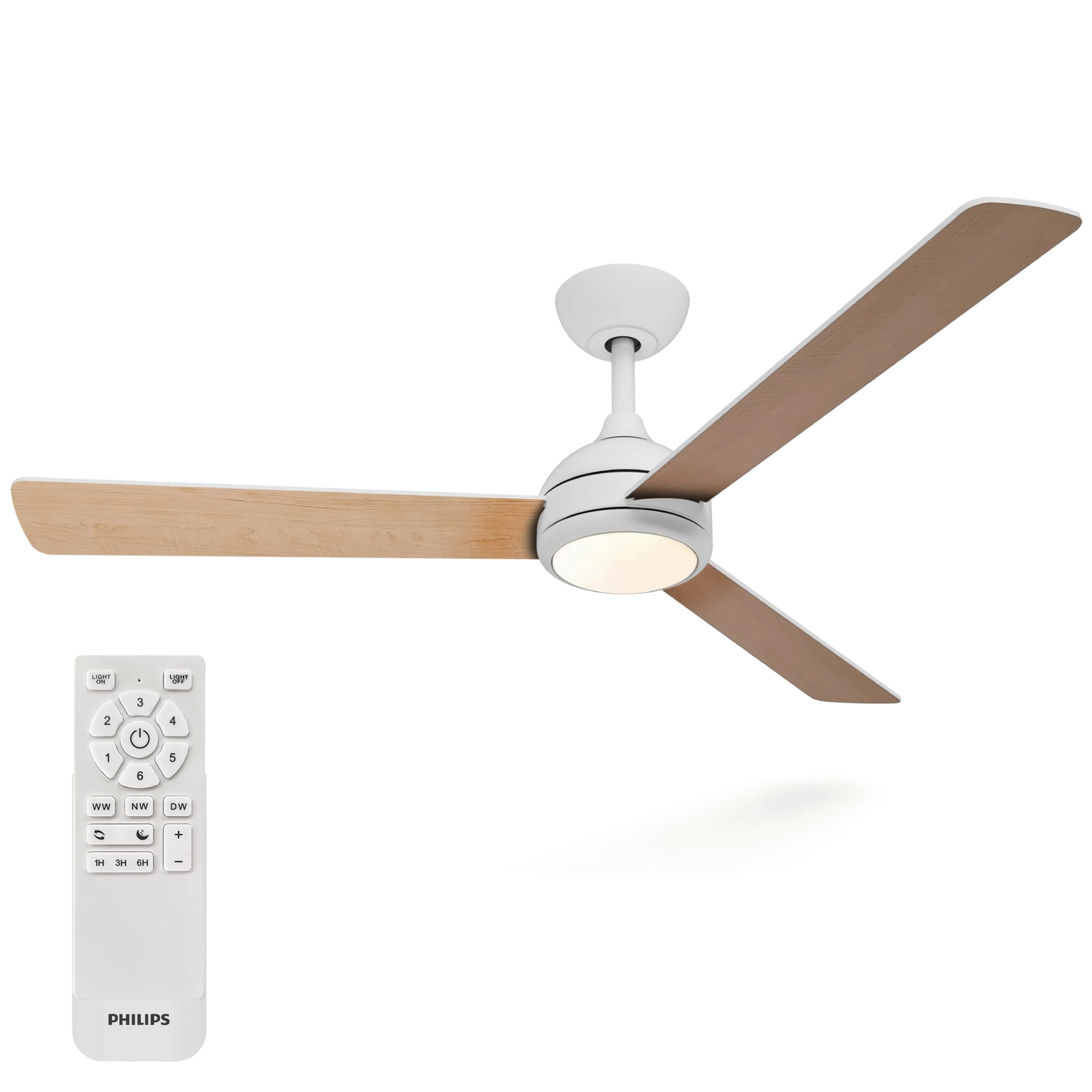 Wentylator Sufitowy Philips Civx LED, 3 Łopatki, Średnica 132 cm, 2500 Lumenów, Trzy Odcienie Białego Światła (3000 K / 4500 K / 6500 K), Ściemnianie do 10%, Pilot, Biały/Jasne Drewno