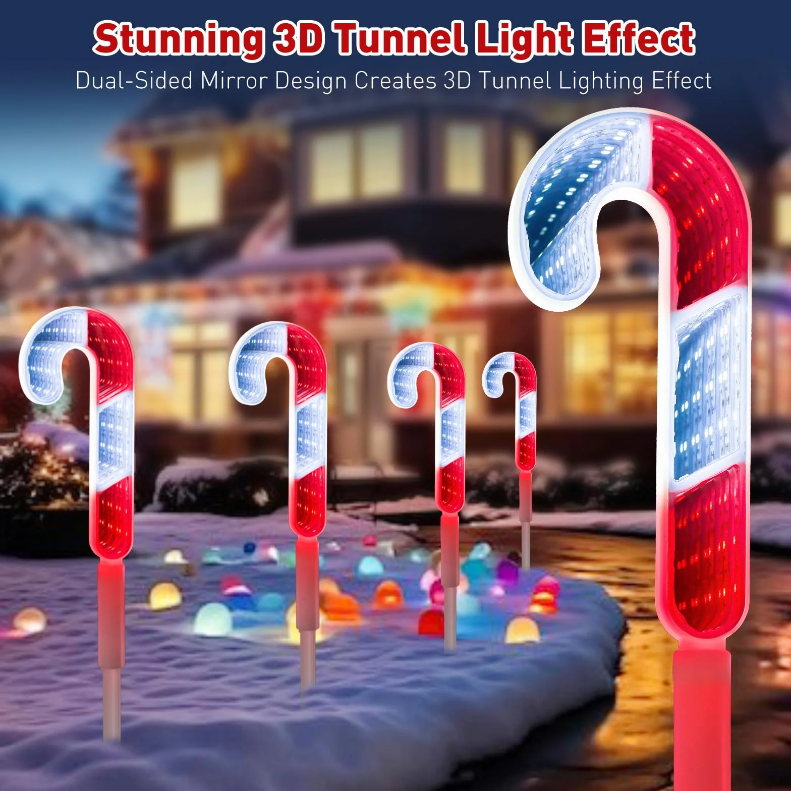 Quntis 164 diody LED, zewnętrzna dekoracja bożonarodzeniowa z efektem nieskończoności, tunelowane lustro 3D, IP44, zewnętrzne oświetlenie bożonarodzeniowe z gniazdkiem, 4 laski cukrowe, dekoracja