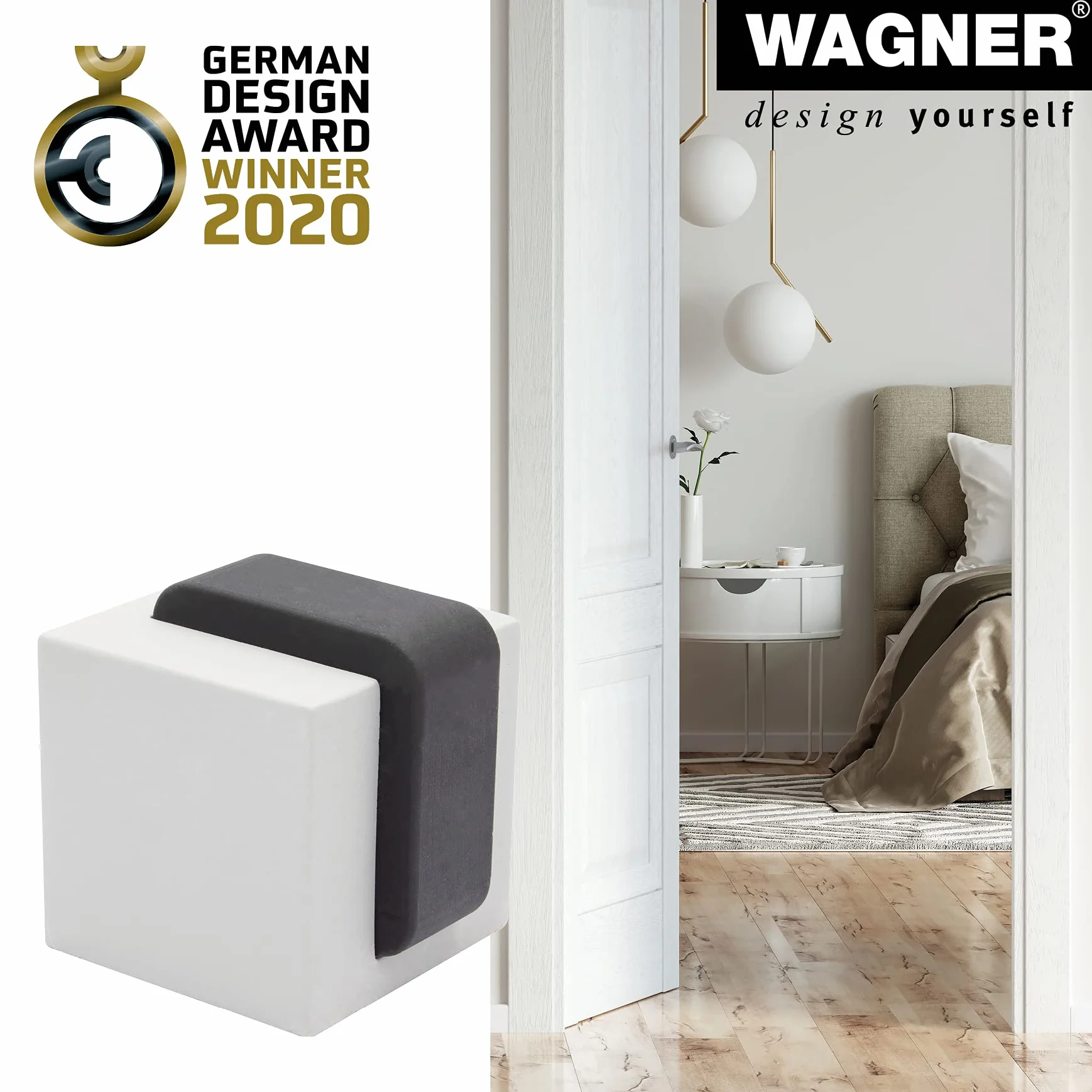 WAGNER BETON Cube Medium 15518611 stoper do drzwi podłogowych, 40 x 40 x 45 mm, z betonu, pierścień ochronny z kauczuku termoplastycznego, czarny, do wkręcania wraz z materiałem montażowym