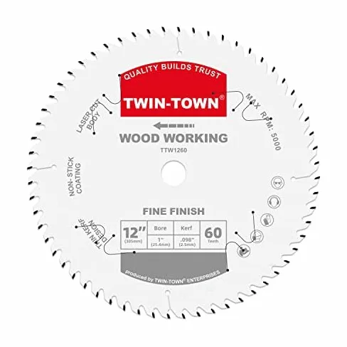 TWIN-TOWN 30 cm 60-zębowy brzeszczot do cięcia drewna ATB z precyzyjnym wykończeniem, trzpień 1 calowy, kompatybilny z piłami stołowymi i ukośnymi, najwyższej jakości brzeszczot do obróbki drewna