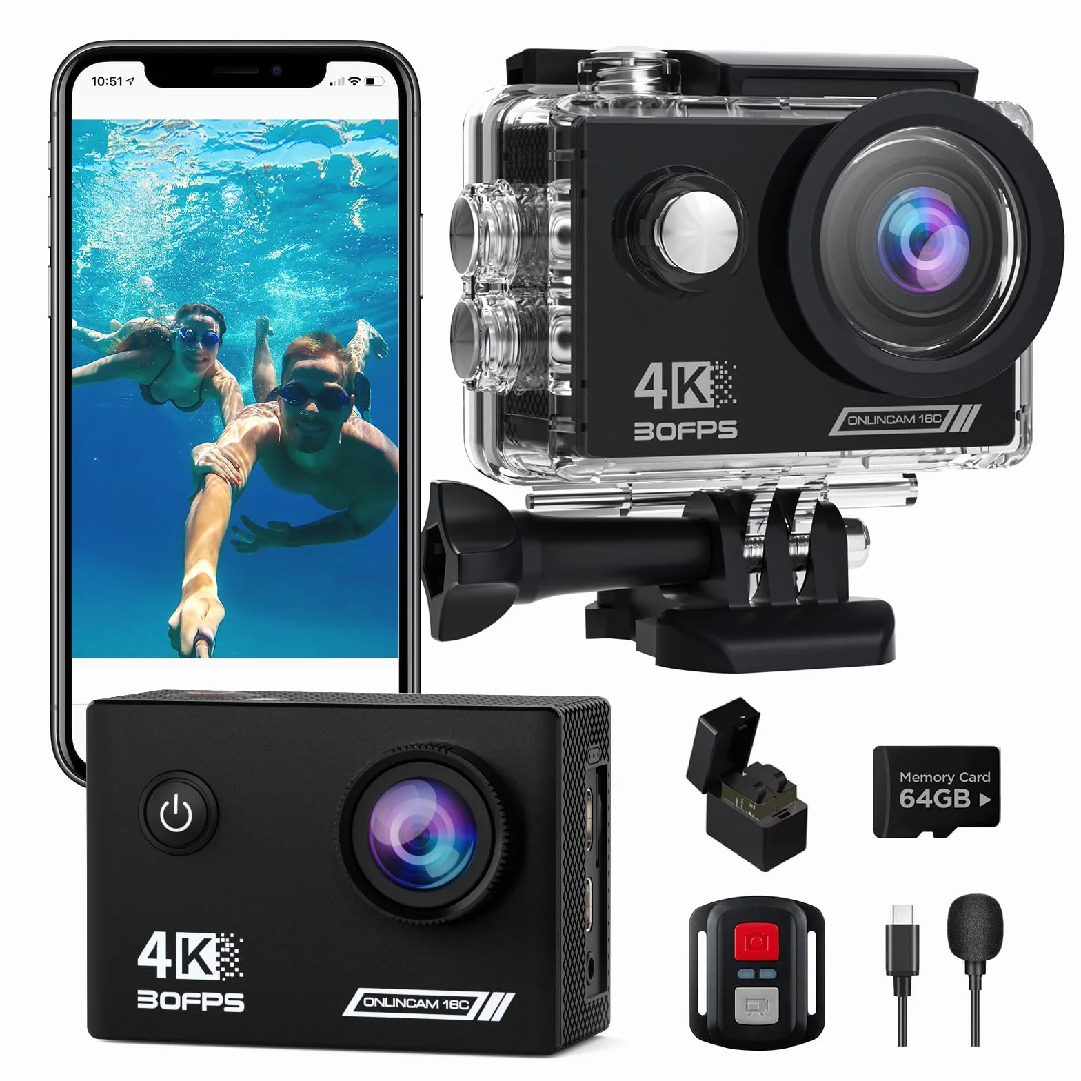 Kamera sportowa 4K 30 kl./s z kartą SD 64G, wodoodporna kamera HD 39.9 m podwodne kamery 20 MP nagrywanie wstępne WiFi kamera 170° zdalnie sterowane kamery sportowe z 2 bateriami zestaw akcesoriów do