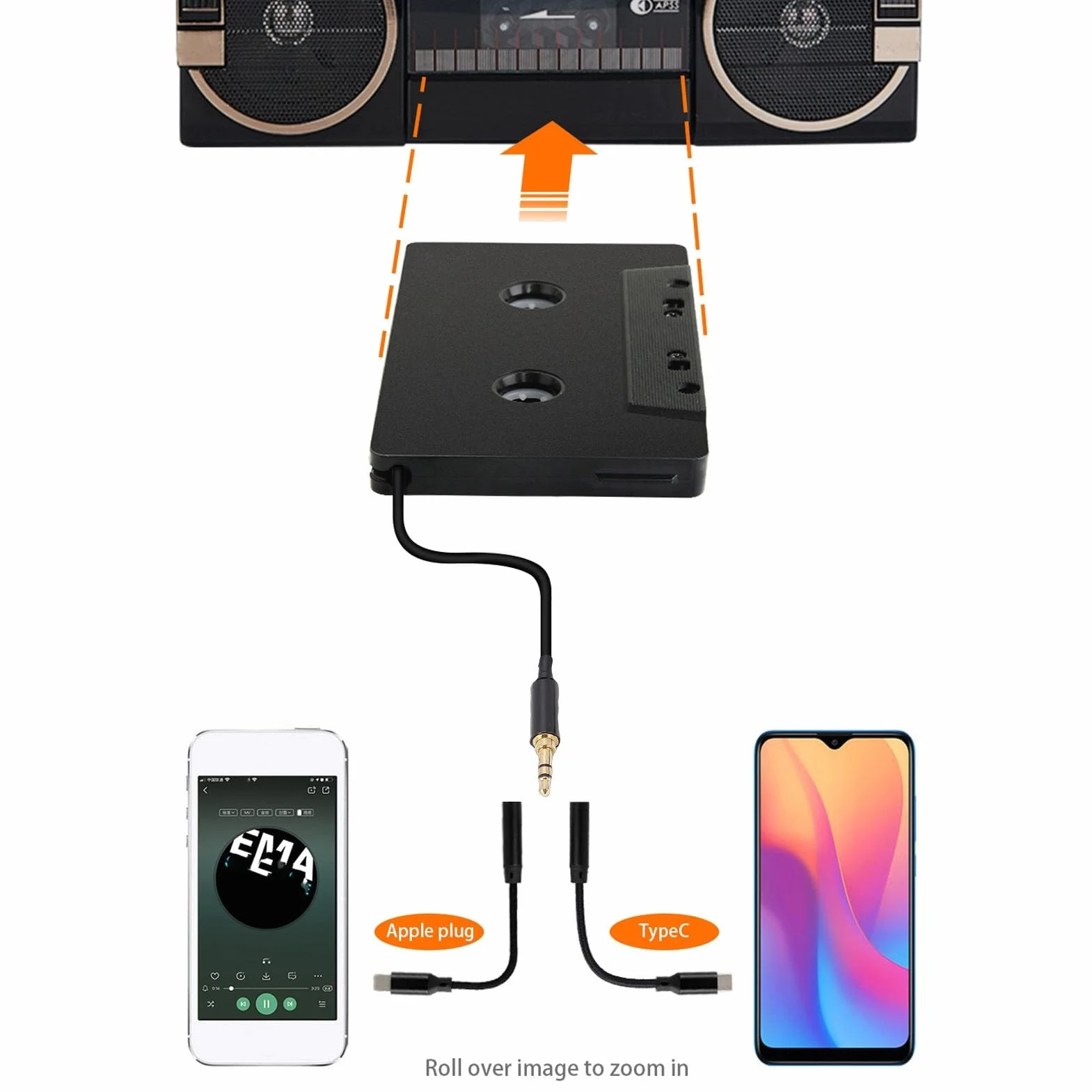 CCYLEZ Adapter do Kasety Samochodowej, Adapter Typu C do Taśmy Aux Samochodowego Zestawu Stereo, Kasety 3,5 Mm USB C Kabel w Nylonowym Oplocie, Pozłacane Złącze
