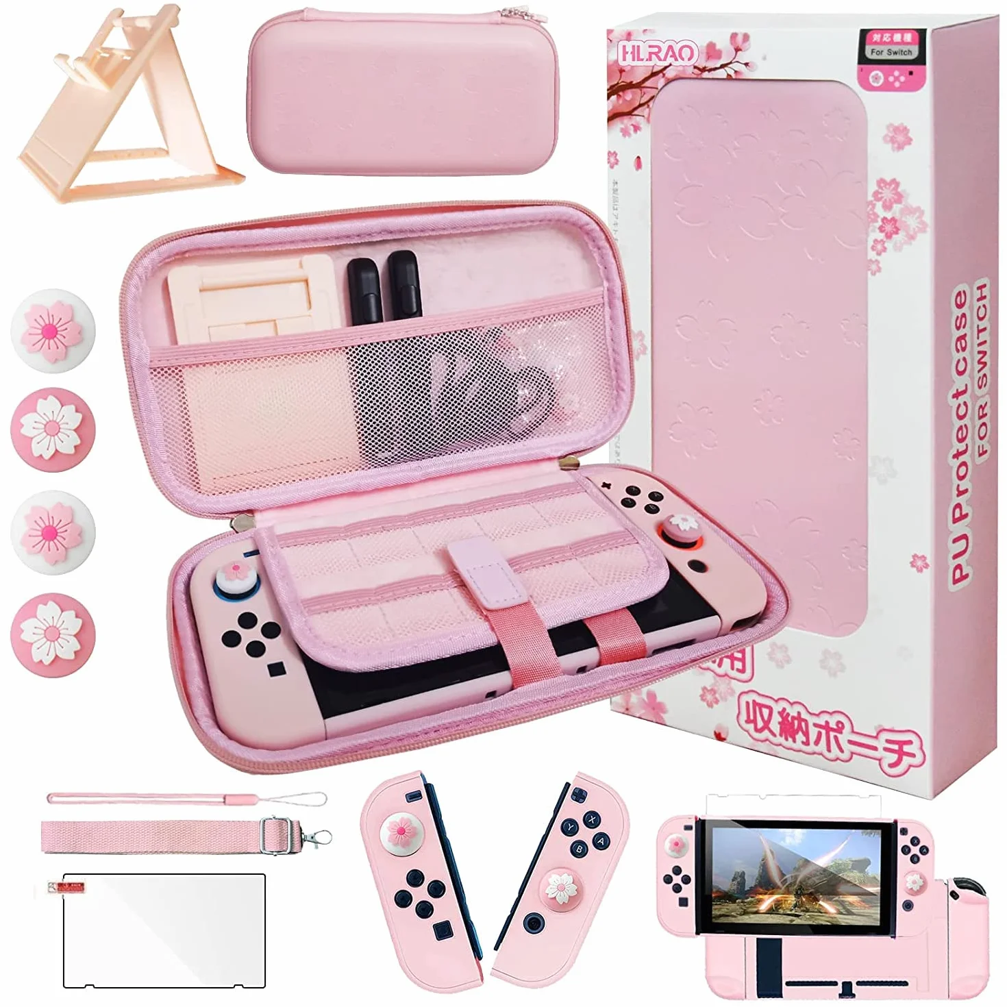 Różowa podróżna torba do przenoszenia Nintendo Switch z zestawem akcesoriów