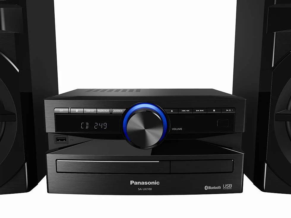 Panasonic SC-UX100 zestaw Power Audio (300W, 13cm głośnik niskotonowy, Bluetooth, CD, USB, FM, aplikacja MAX Juke, Local Preset Equalizer), czarny
