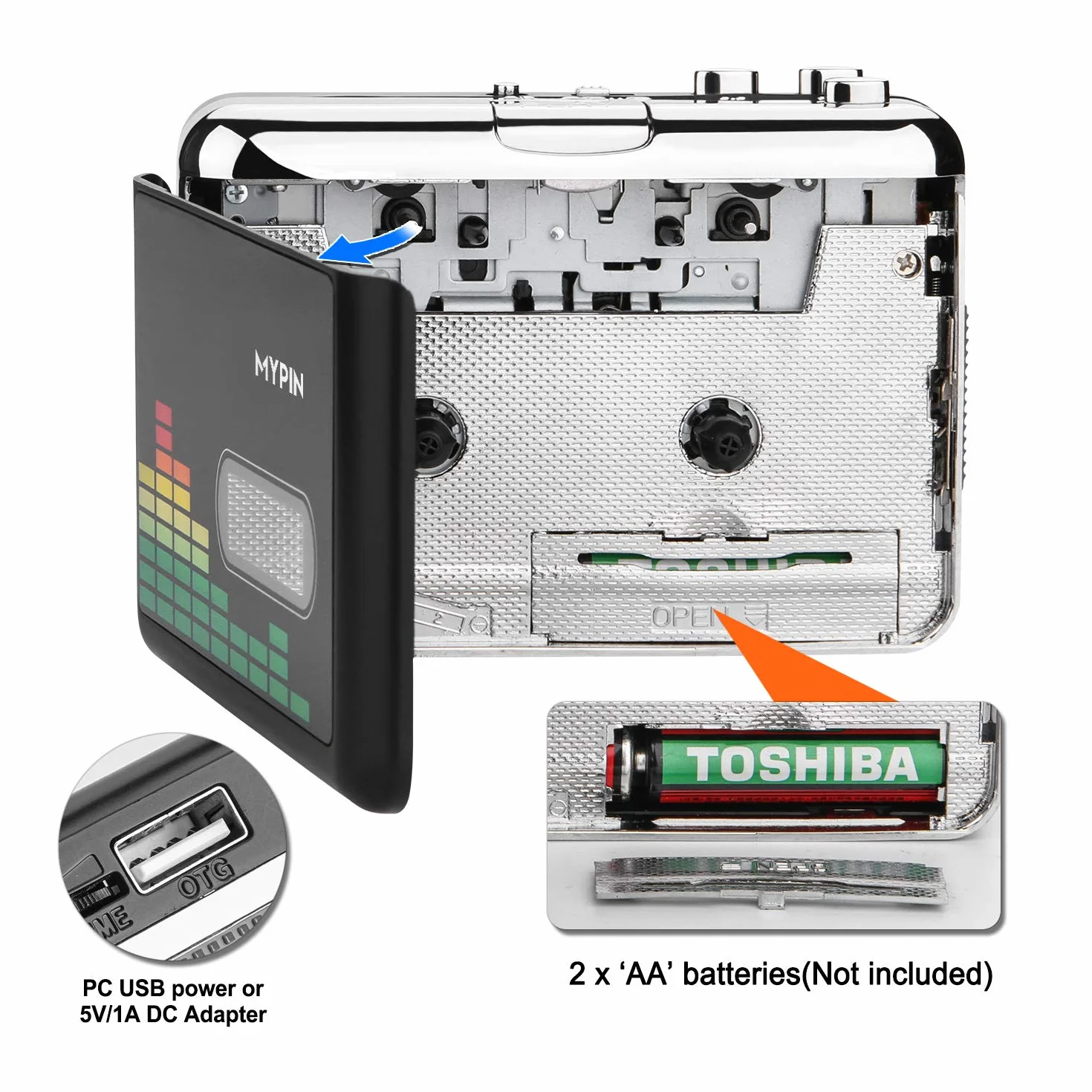 MYPIN przenośny odtwarzacz kasetowy, odtwarzacz audio USB, Walkman, konwerter taśmowy na MP3, retro, ze słuchawkami, nie ma potrzeby automatycznego cofania komputera
