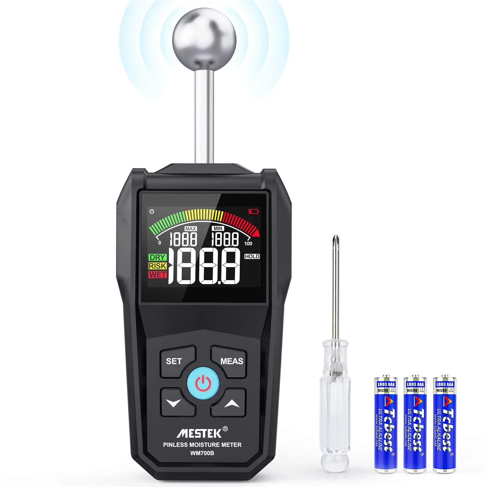 Detector Wilgotności MESTEK 20-40mm Wilgotnościomierz Czujnik Wilgotności Miernik wilgotności Cyfrowy Wyświetlacz LCD Alarm dźwiękowy Przenośny z Baterią do ścian Drewnianych Zaprawa Cementowa
