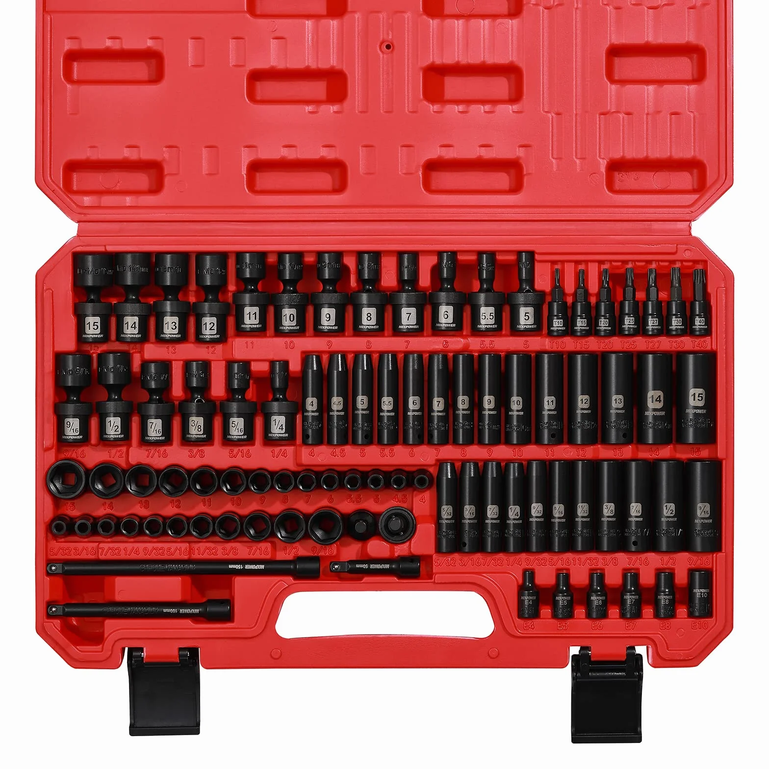 MIXPOWER 86 szt. 1/4" Drive Master Impact zestaw nasadek udarowych, uniwersalne/głębokie/standardowe/Torx/odwrócone gniazdo Torx, klasa udaru, metryczne i SAE, 6 punktów
