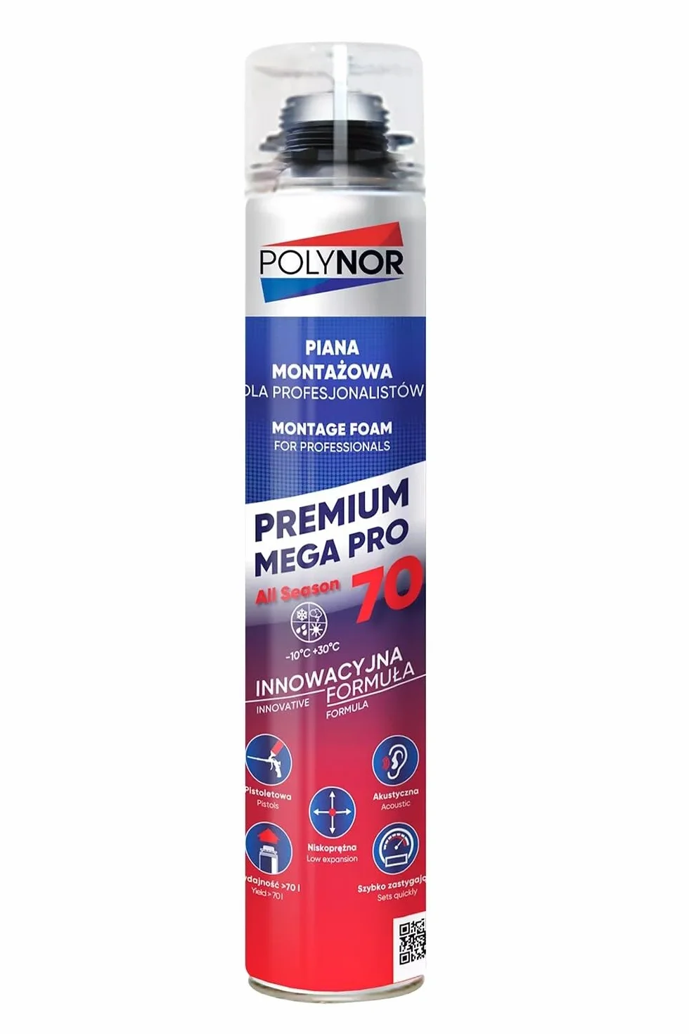 POLYNOR Pianka Montażowa PREMIUM MEGA PRO 70 - Piana Montażowa Wielosezonowa - 12 Sztuk - do Okien i Drzwi - Uszczelnianie Szczelin i Spoin - PUR 70L - 850 ml