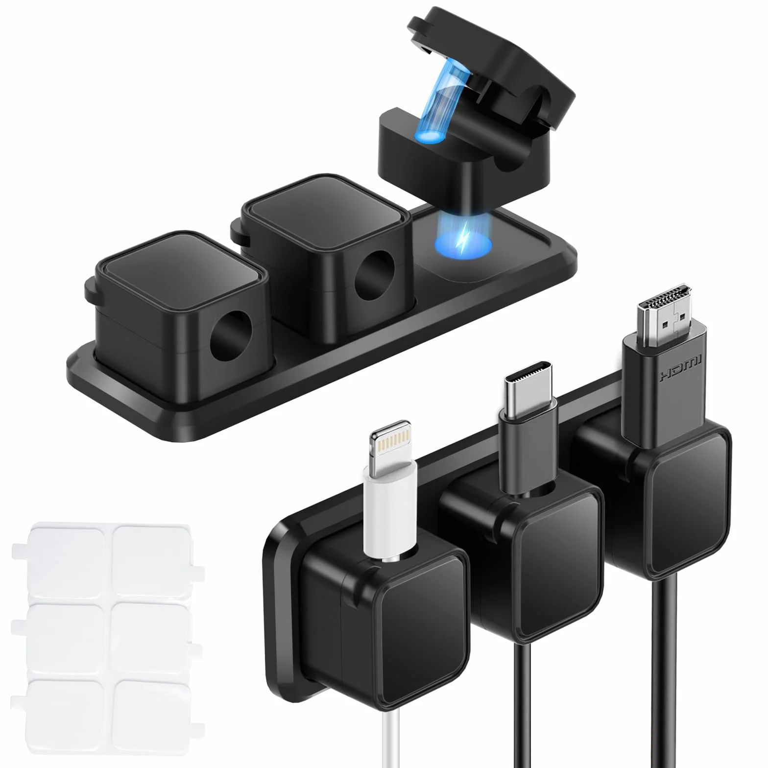Uchwyt do organizera, 2 x 3 gniazda, samoprzylepne magnetyczne klipsy na biurko, organizer na przewody, organizer na biurko na stolik nocny, do biura, USB, kabel audio, kabel komputerowy