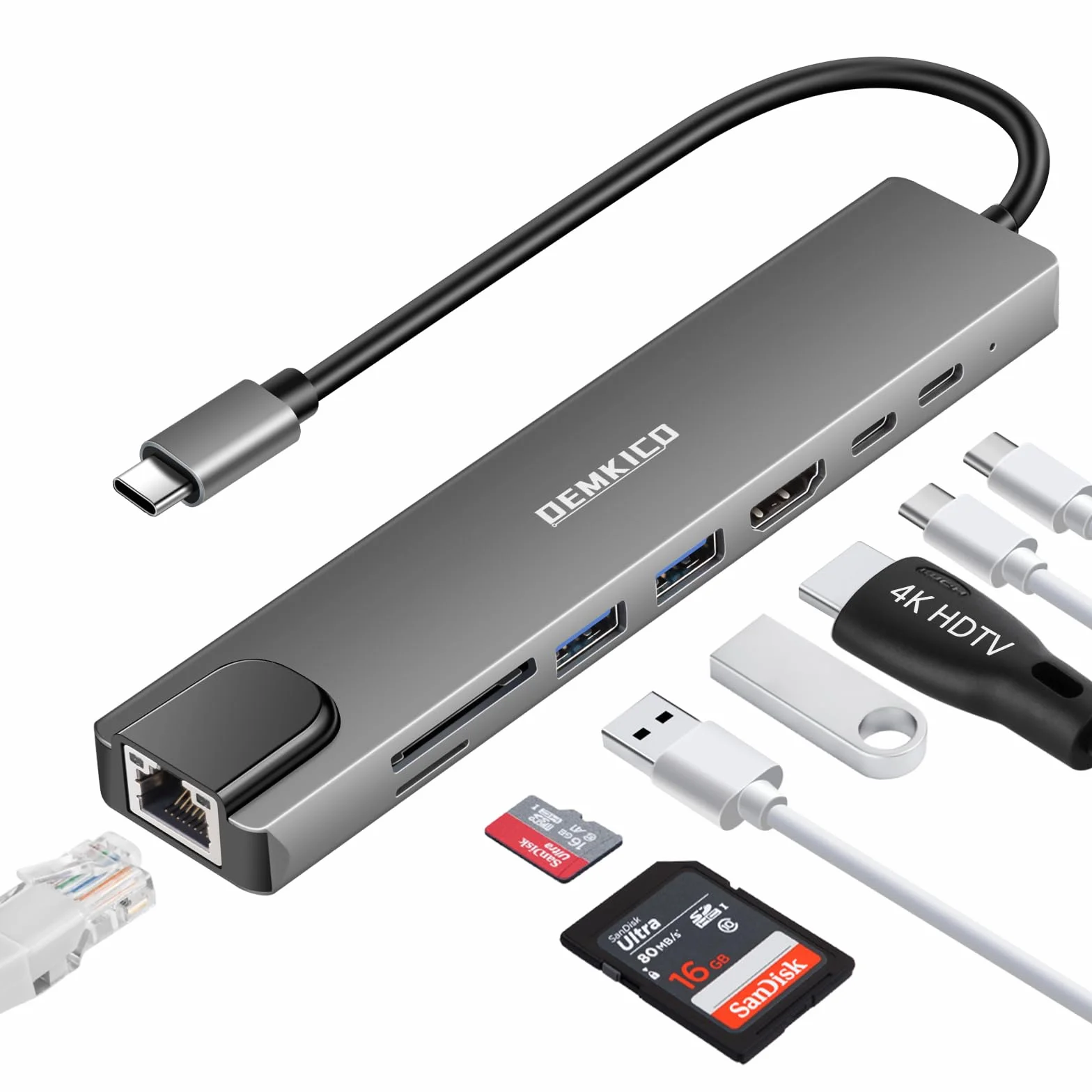 DEMKICO Adapter wieloportowy USB C Hub 8 w 1 Ethernet 4K HDMI czytnik kart SD/TF 2x USB USB C 100W