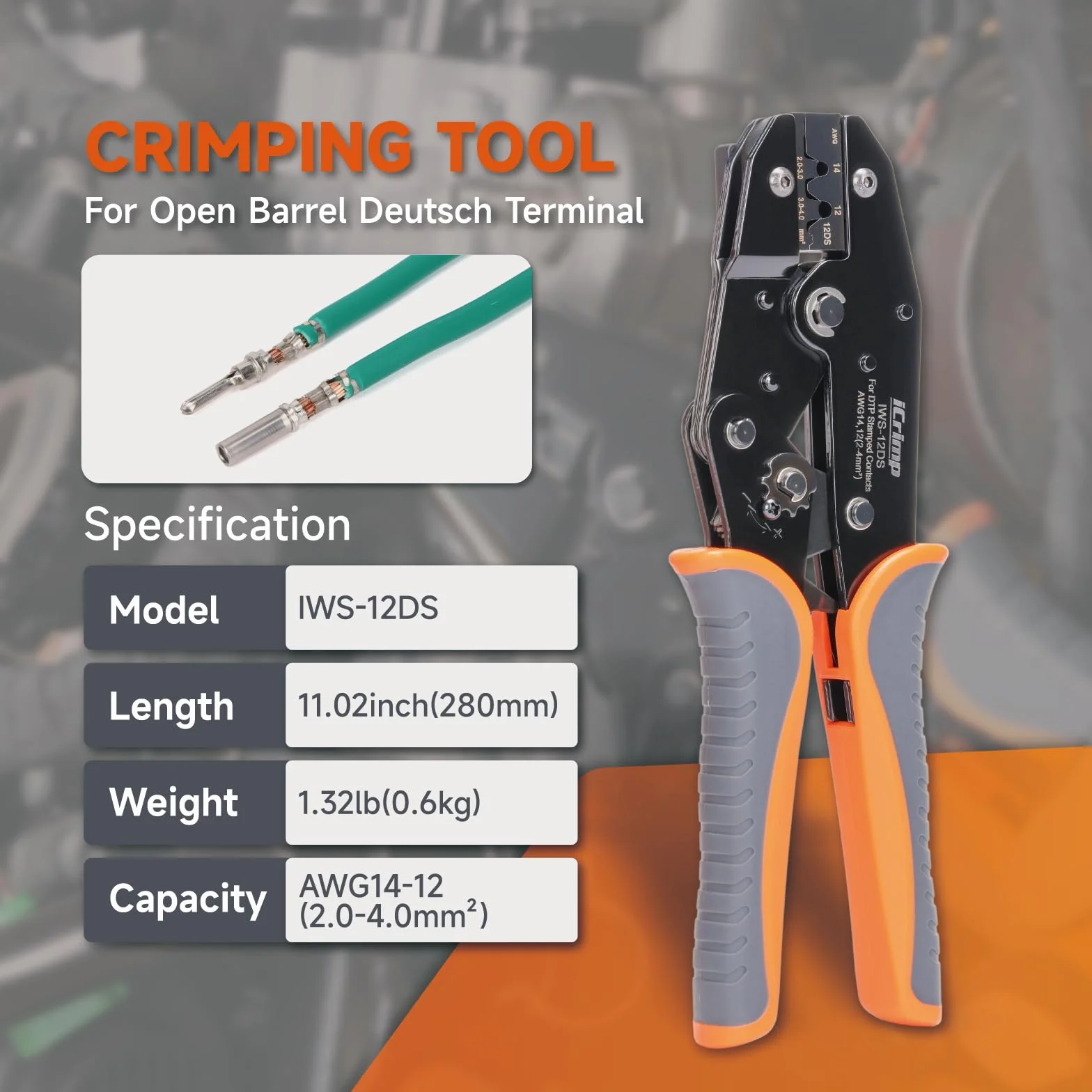 iCrimp Narzędzie do zaciskania otwartego styku z pozycjonerem, pasuje do złączy serii Deutsch DT 2–4 mm², zaciski 14/12 AWG, precyzyjne narzędzie do zaciskania zapadkowego do zastosowań