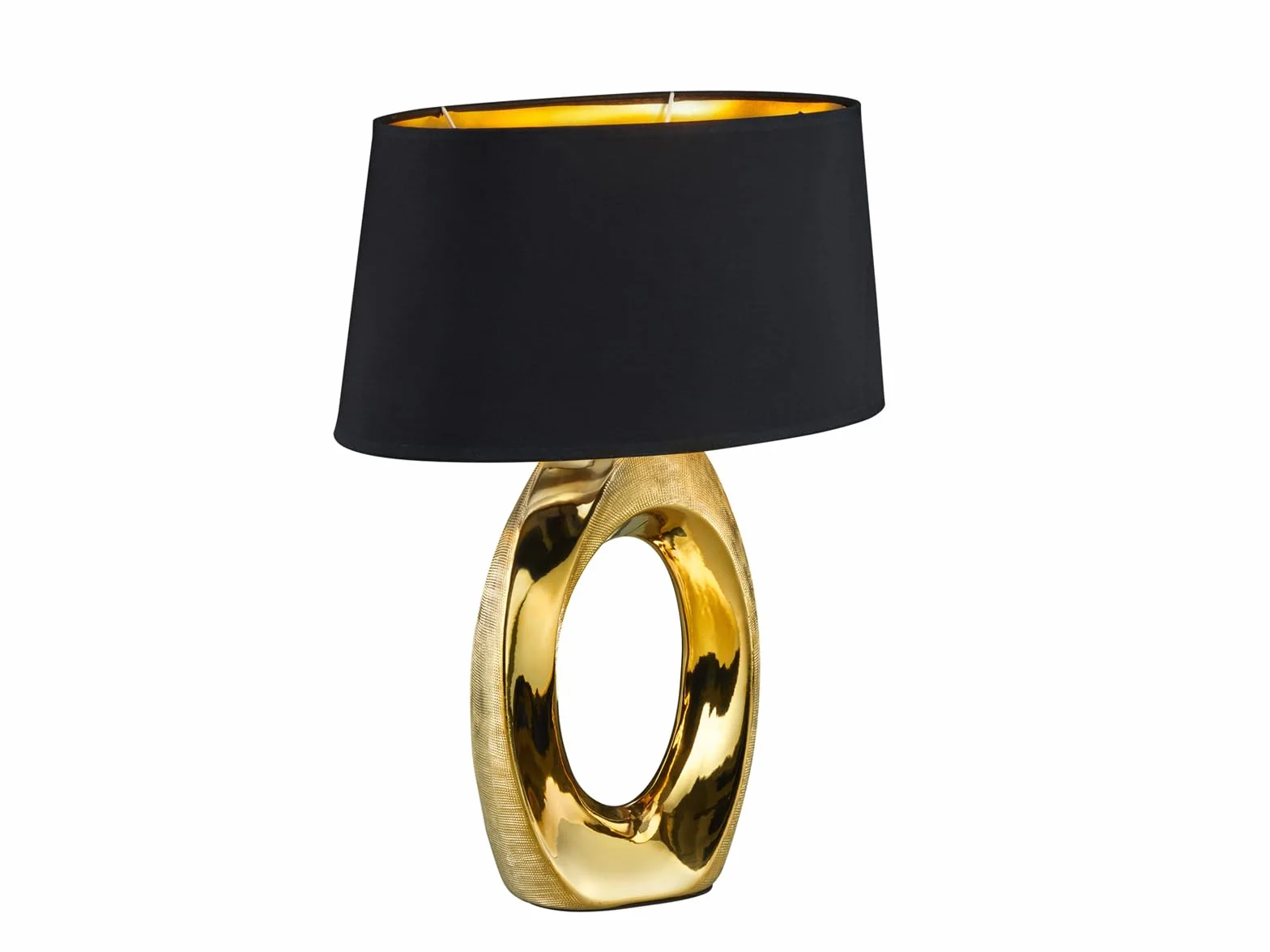 Duża lampa stołowa LED 1 źródło światła podstawa ceramiczna w kolorze złotym z abażurem z materiału w kolorze czarnym wysokość 52 cm