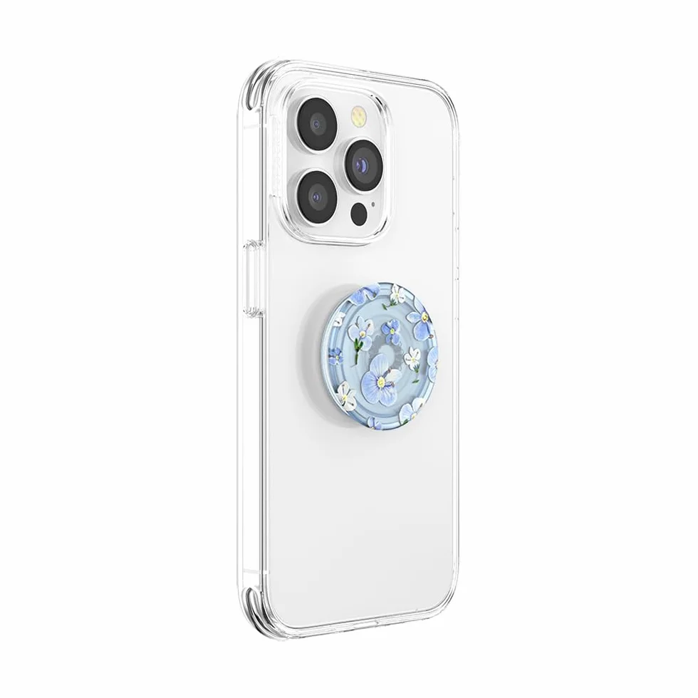 PopSockets PopGrip Plant rozszerzany stojak i uchwyt z materiałów roślinnych wymienną górną częścią półprzezroczyste niebieskie