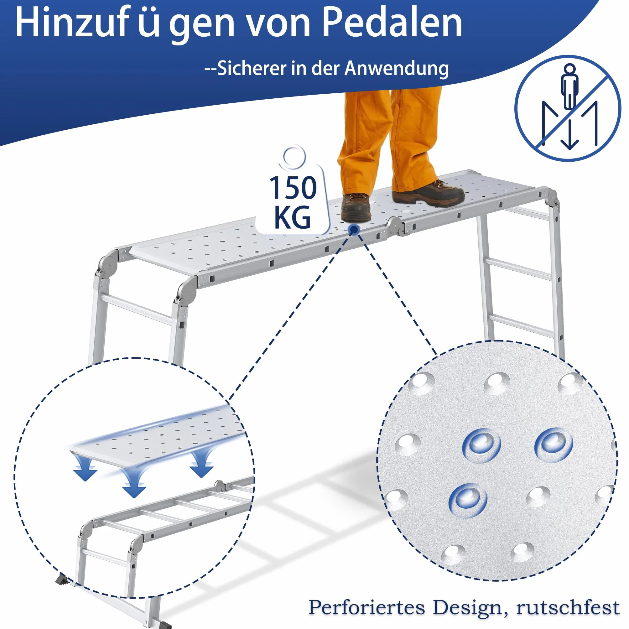 Aufun Aluminiowa drabina uniwersalna 470 cm 6 w 1 drabina aluminiowa, Drabina przegubowa z platformą 4x4 stopnie aluminiowa wielofunkcyjna schodowa,obciążenie 150 kg