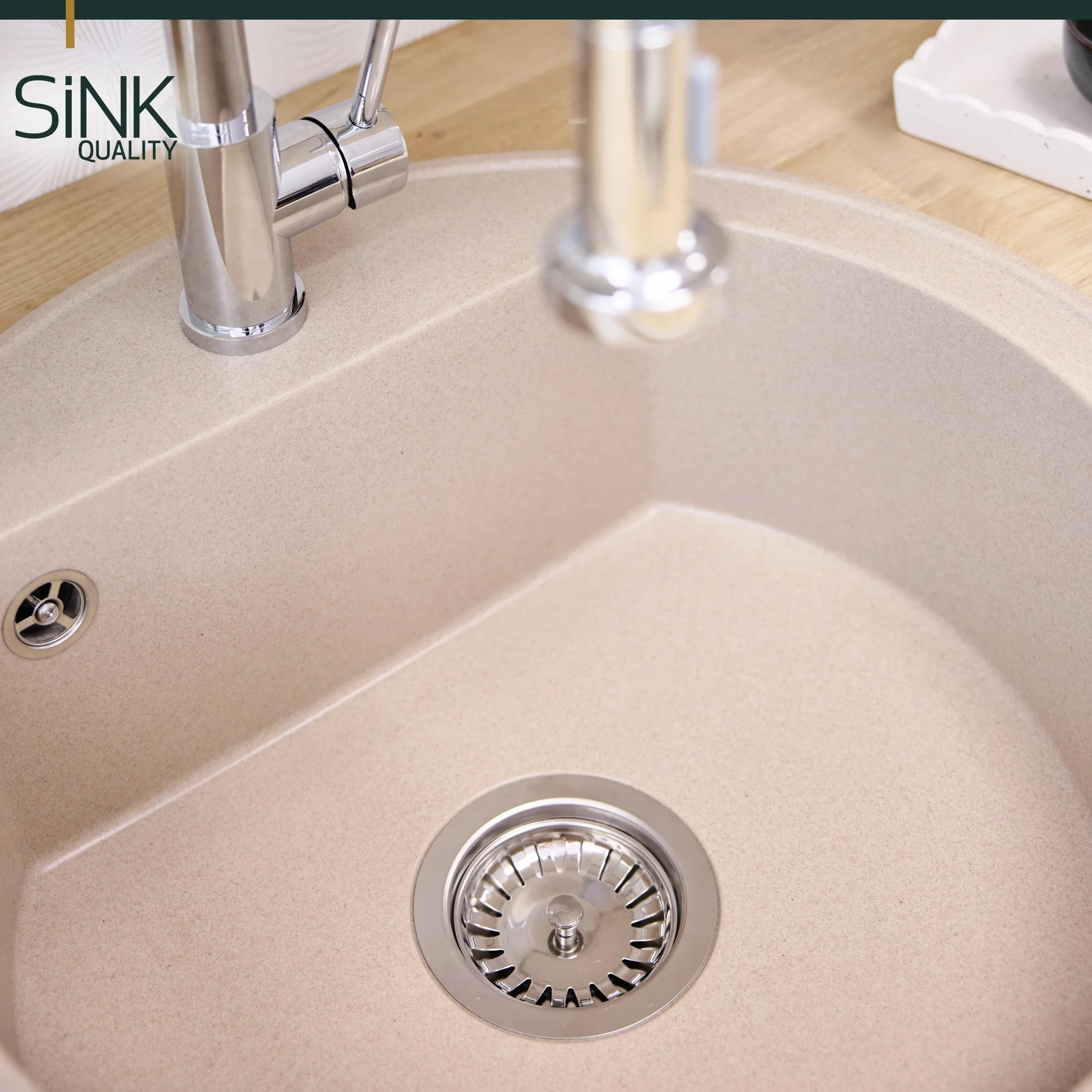 SINK Quality zlewozmywak okrągły, beżowy, Ø 51 cm, syfon z przyciskiem i impregnacją, w zestawie - zlewozmywak kuchenny okrągły z granitu - zlewozmywak granitowy do szafek od 55 cm szerokości