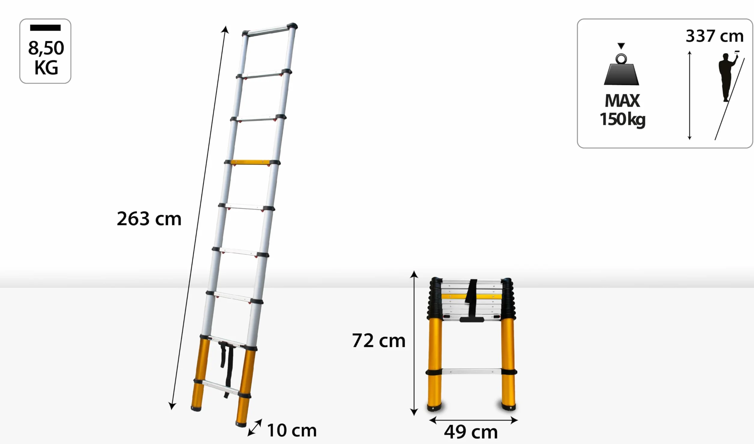 Drabest - MAX - Drabina teleskopowa - Uniwersalna Drabina Aluminiowa Składana - Maksymalne Obciążenie 150 kg - Drabina rozsuwana - 9 stopni - 0,49x2,63x0,1 m