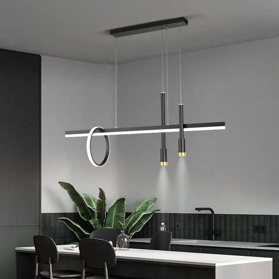 Lampa wisząca z długim pierścieniem, oświetlenie LED i reflektor, metalowa linka, prosta dekoracja do jadalni i salonu, regulowana lampa sufitowa, żyrandol z trójkolorowym oświetleniem.