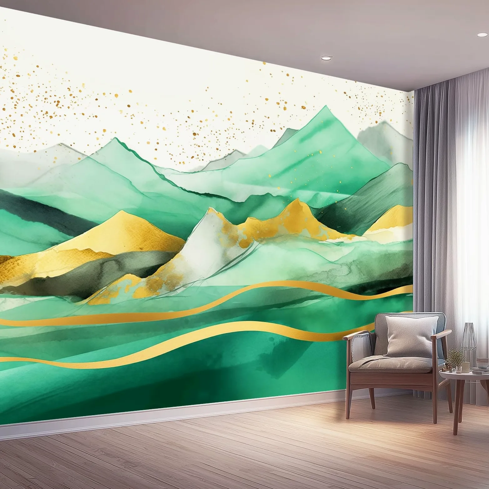 Tapeta 3D z włókniny abstrakcyjne wzgórza z liniami 400 x 280 cm tapeta dekoracja ścienna do salonu sypialnia zielony złoty