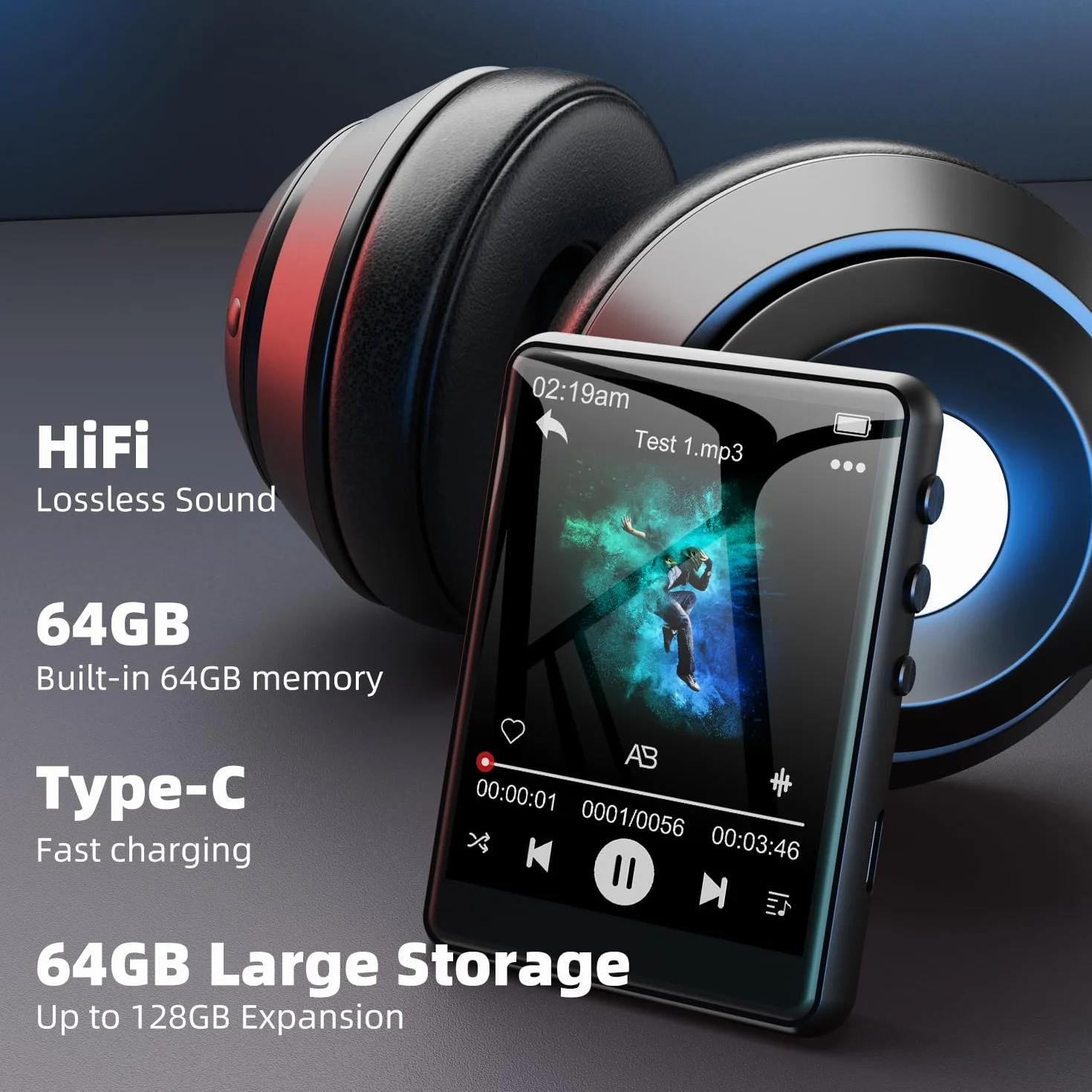 Odtwarzacz MP3 Bluetooth 5.3 2.4" ekran dotykowy 64GB przenośny radio FM nagrywanie głosu