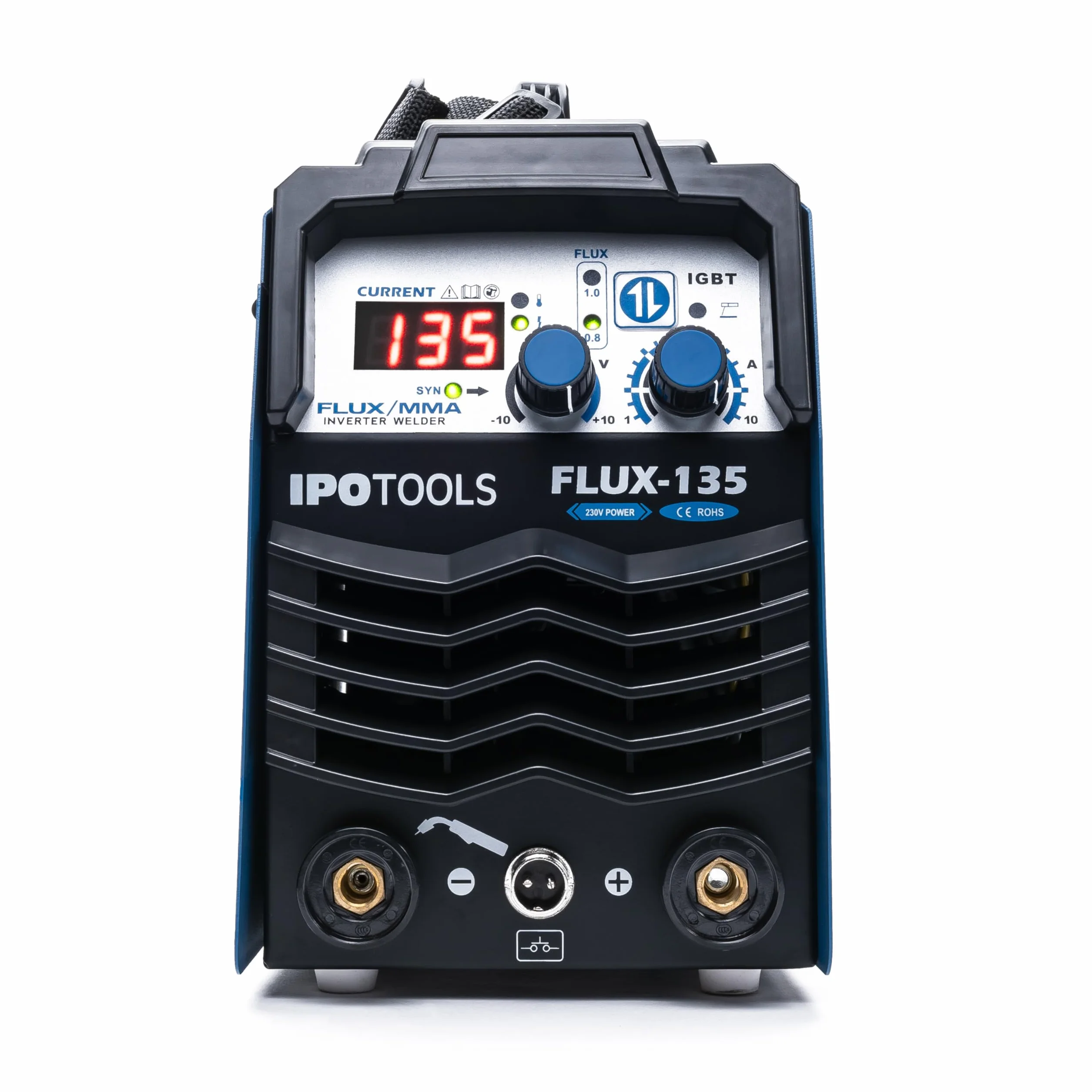 IPOTOOLS FLUX-135 spawarka drutem rdzeniowym bez gazu 135 A – 3 w 1 FLUX/ARC/MMA inwerterowa spawarka z synergicznym posuwem drutu, IGBT, 230 V, kompaktowa i przenośna