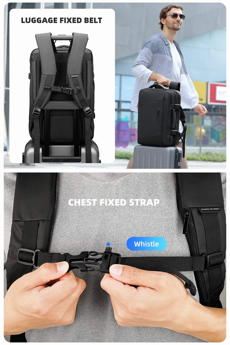 MARK RYDEN Powiększany plecak 25-40L, biznesowy plecak męski, 17" torba na laptopa z przyłączem USB do ładowania, wodoszczelny, zabezpieczający przed kradzieżą, do samolotu, bagaż podręczny, czarny