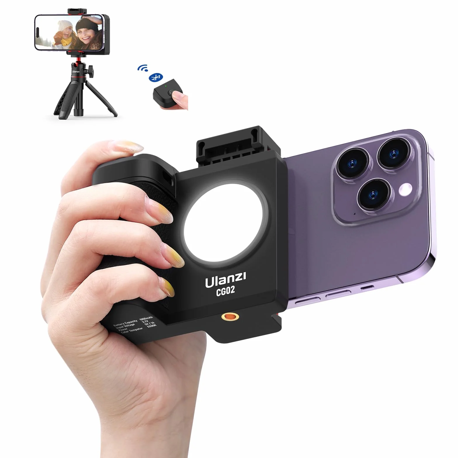 ULANZI CG-02 uchwyt do smartfona z pilotem migawki i światłem wypełniającym, akcesoria fotograficzne do iPhone'a 15, 14 Pro Max